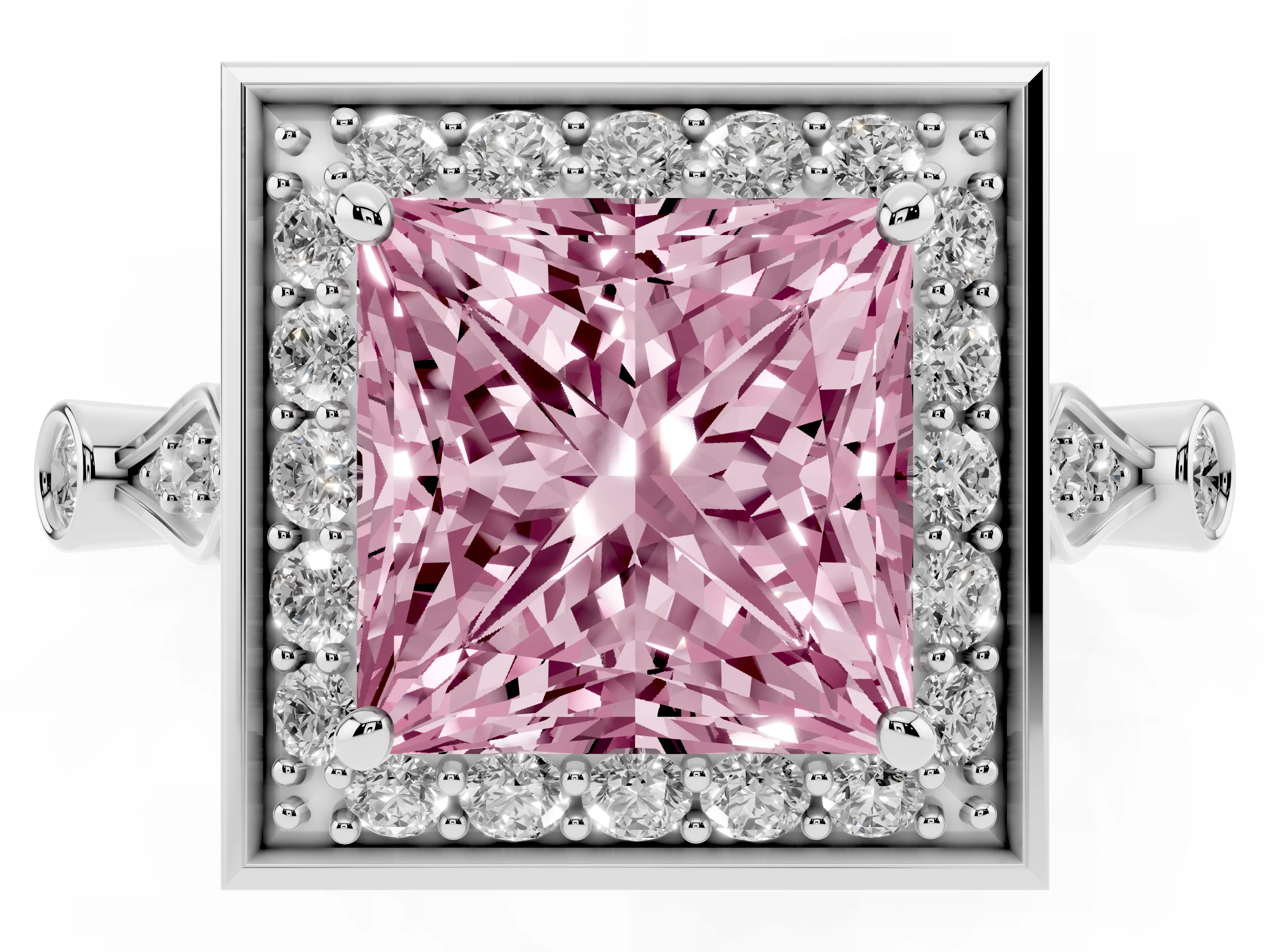 Fancy Pink Princess Cut Diamond Halo Engagement Ring Set in Platinum with Twisted Band and Prong Setting