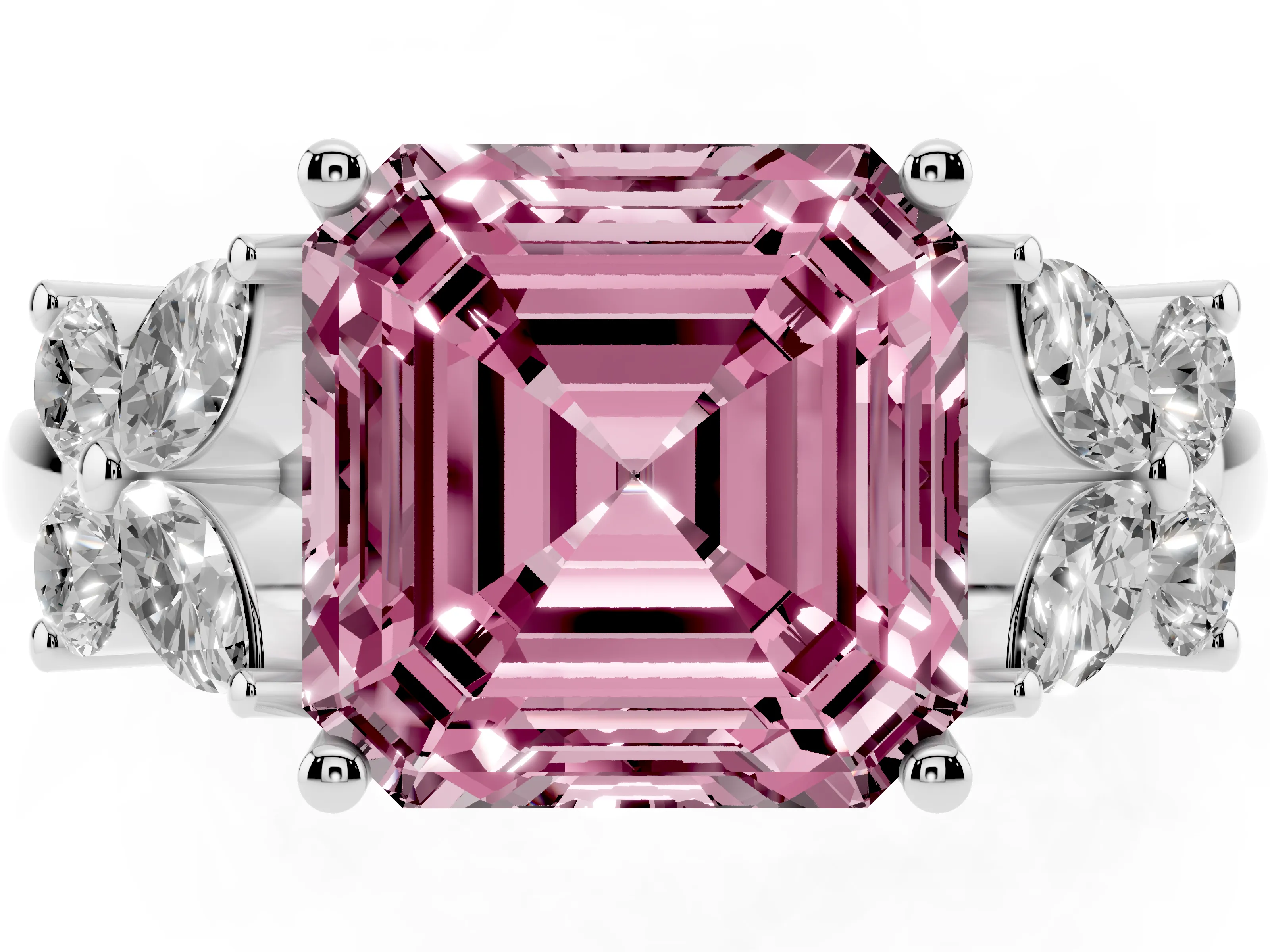 Fancy Pink Princess Cut Diamond Floral Cluster Ring Set in Silver with Marquise Petals and Prong Setting