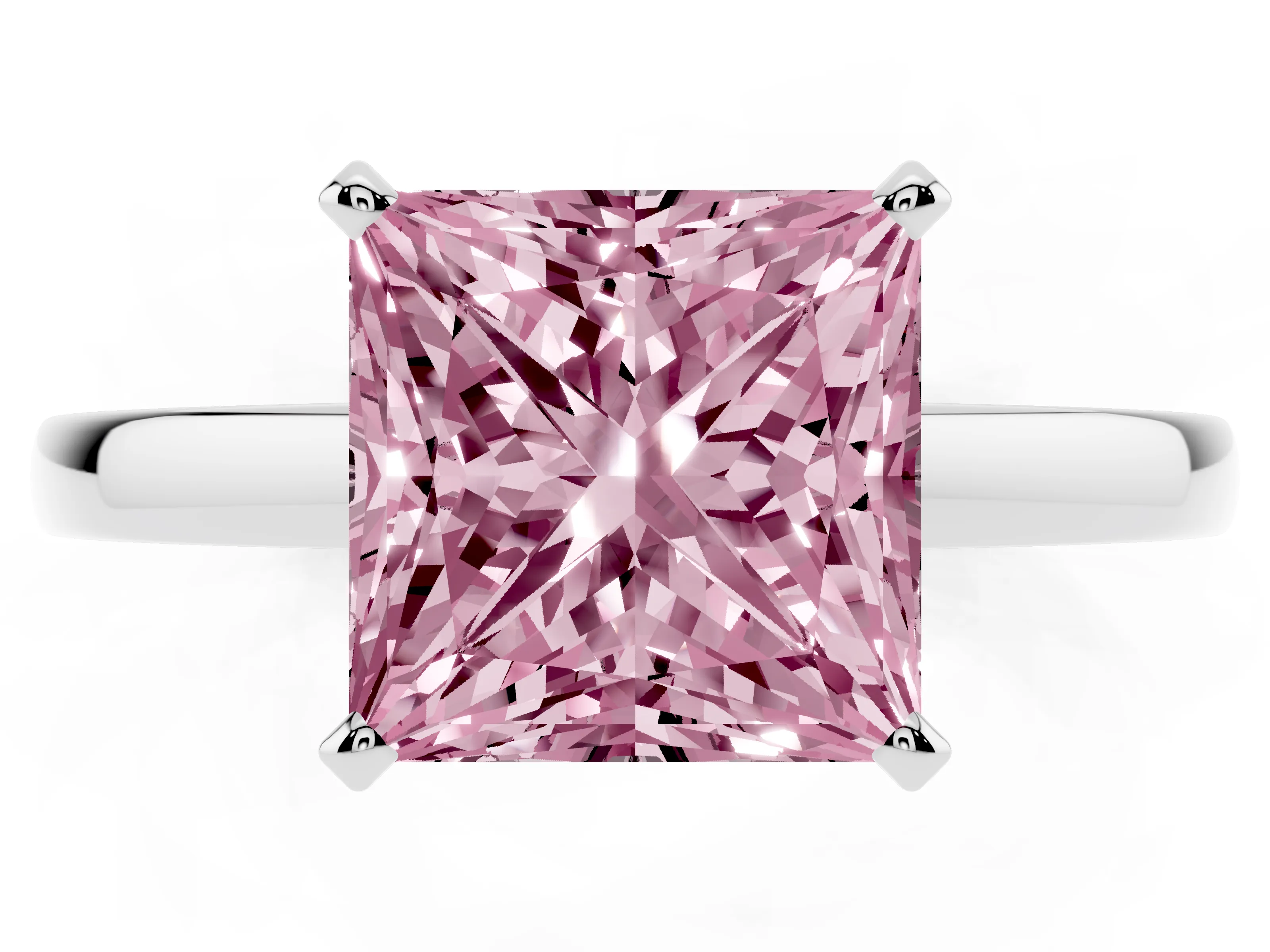 Fancy Pink Princess Cut Diamond Solitaire Engagement Ring Set in White gold with Prong Setting on a Classic Band