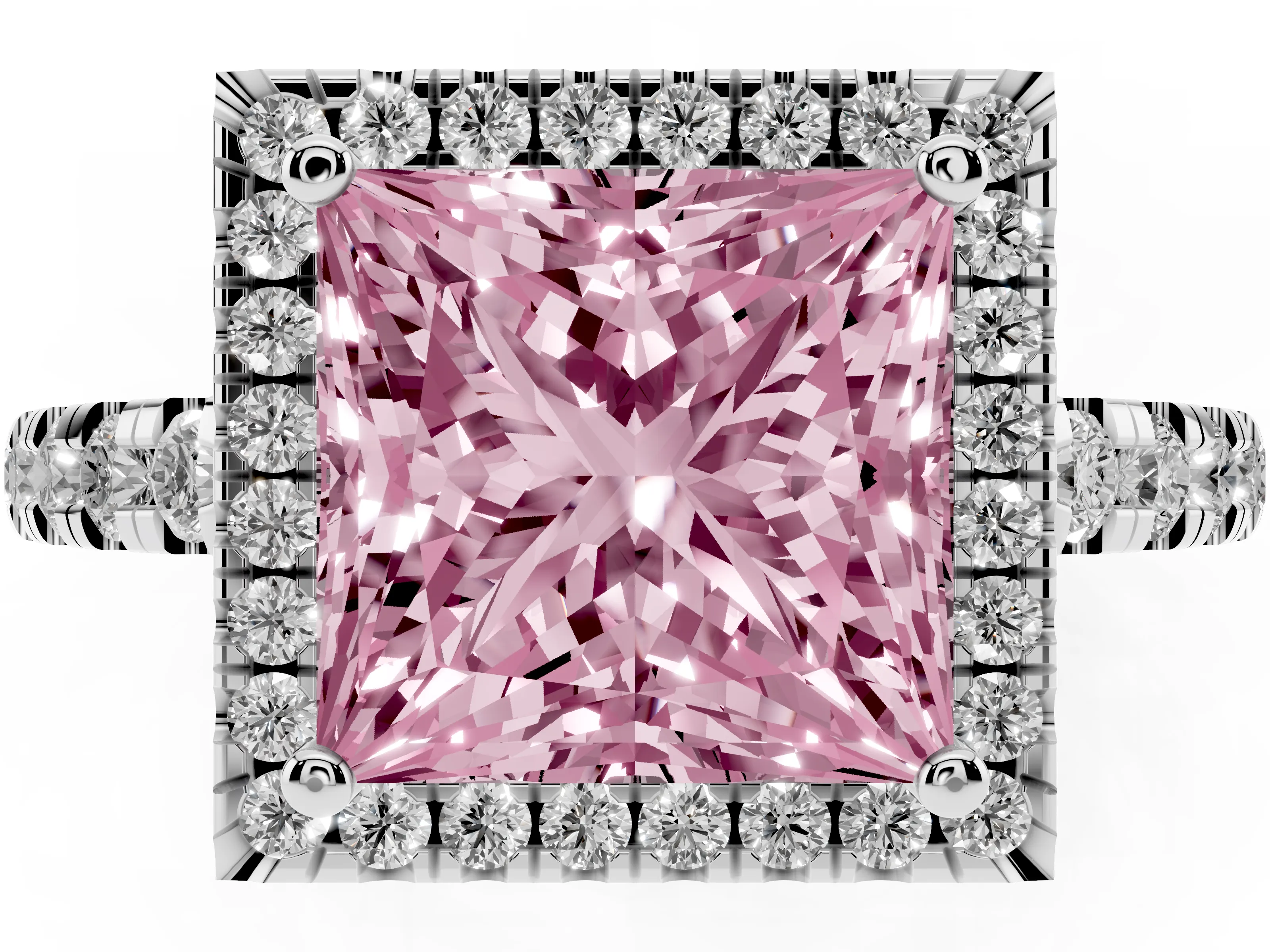 Fancy Pink Princess Cut Diamond Halo Ring Set in White gold with Delicate Pavé Band and Prong Setting