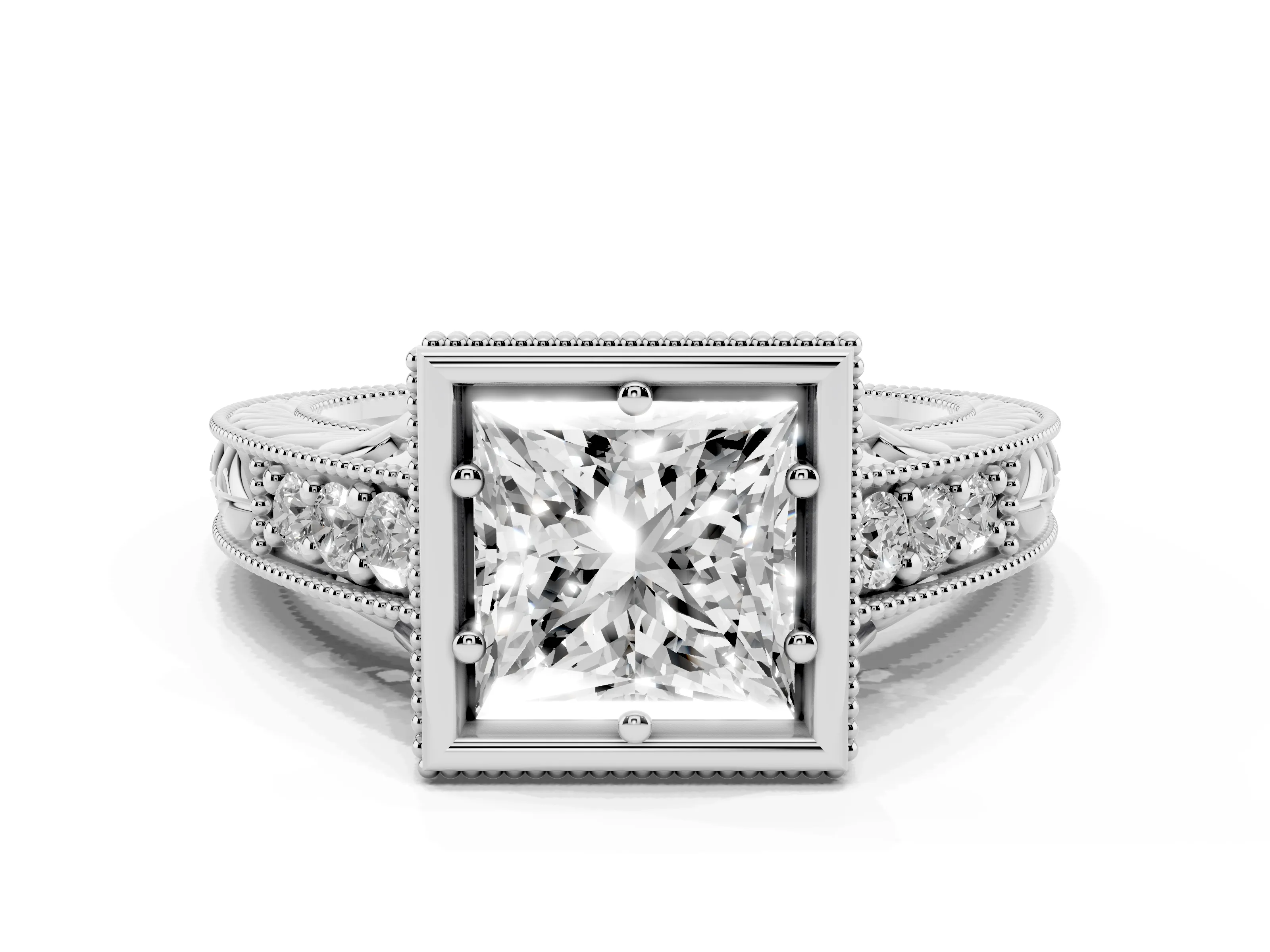 Bezel Set Princess Cut Diamond Milgrain Pavé Engagement Ring Set in White gold