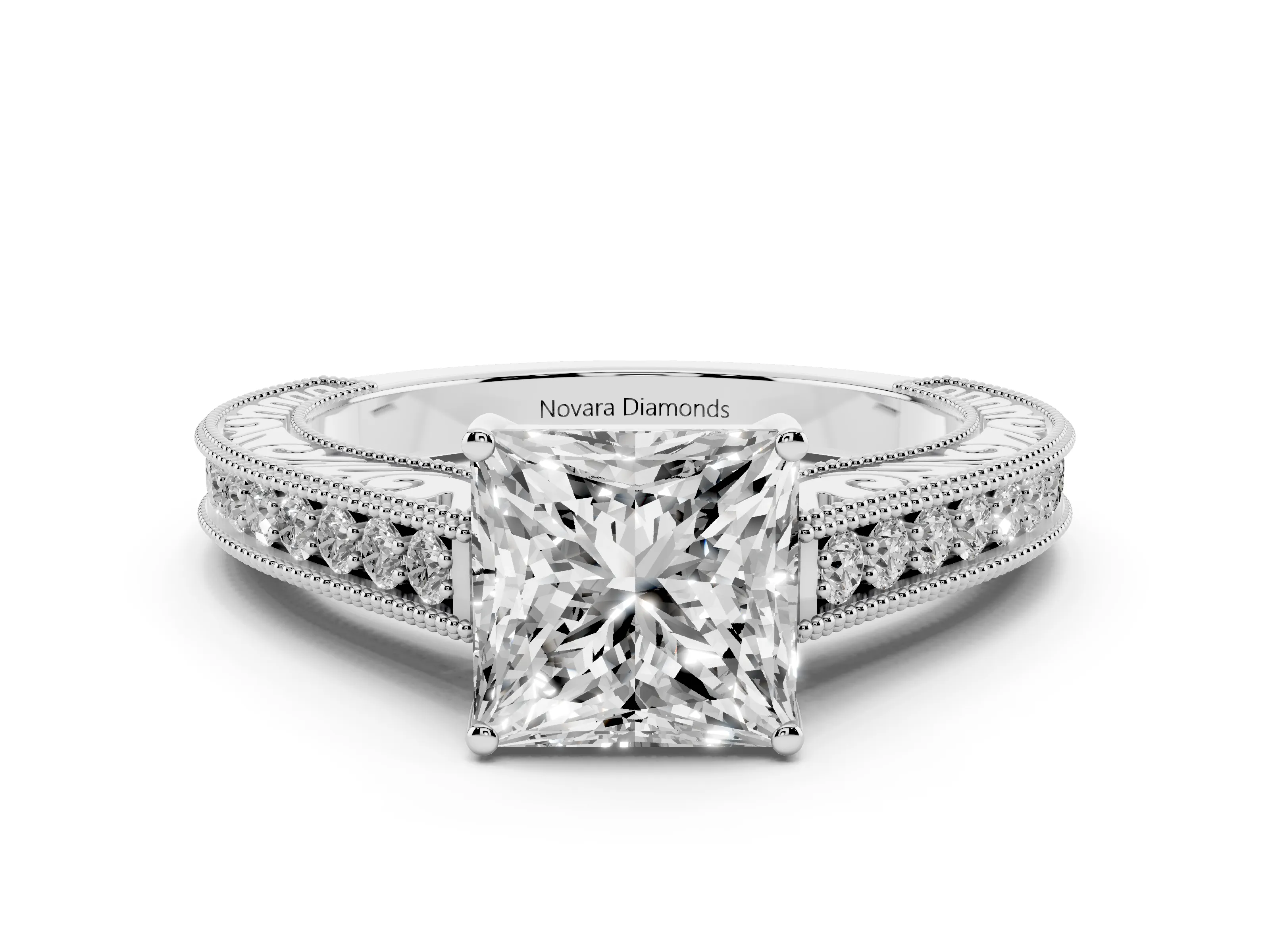 Princess Cut Diamond Milgrain Pavé Band Solitaire Ring Set in White gold with Prong Setting
