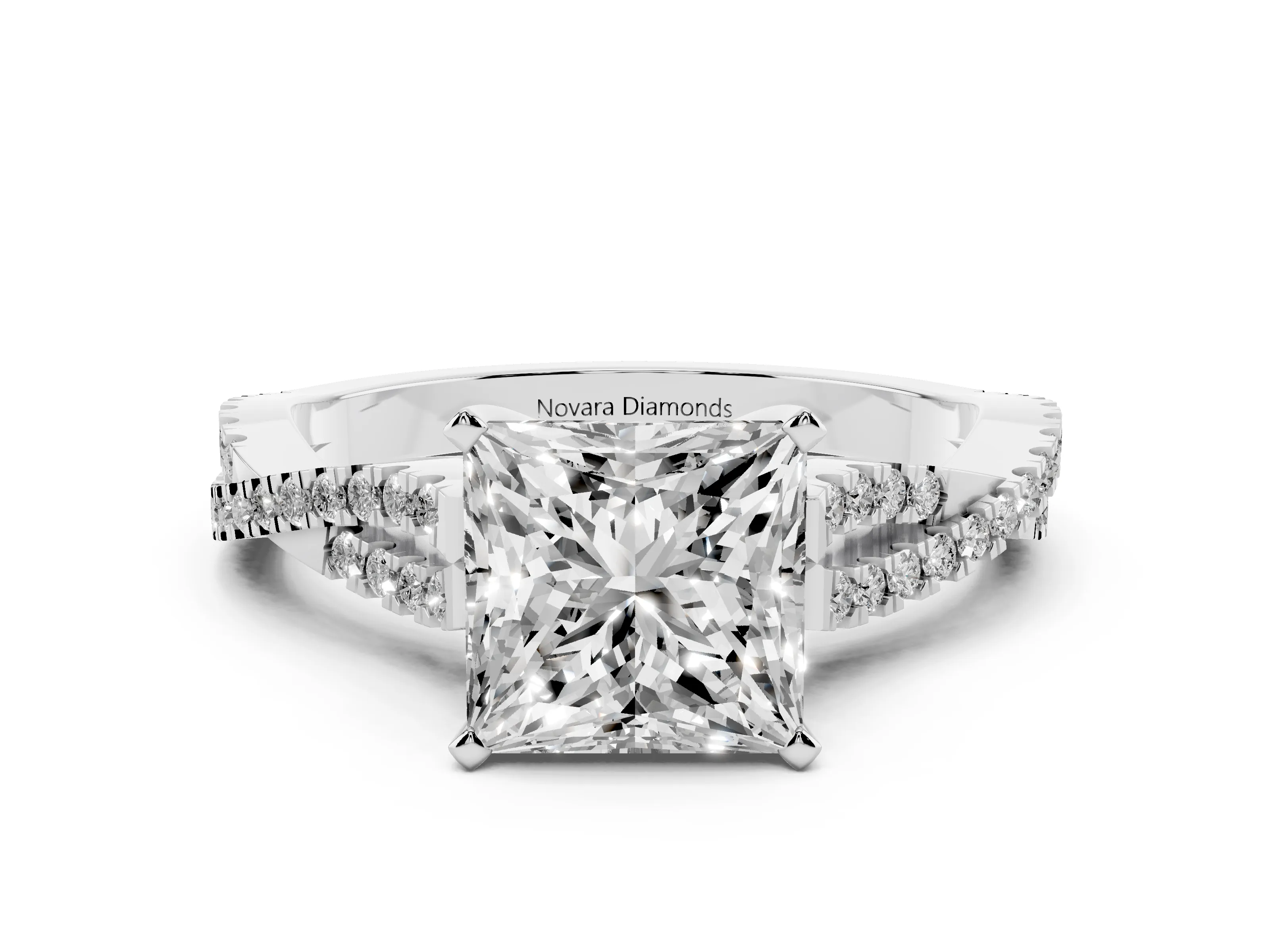 Princess Cut Diamond Solitaire Engagement Ring Set in Platinum with Twisted Pavé Band and Prong Setting