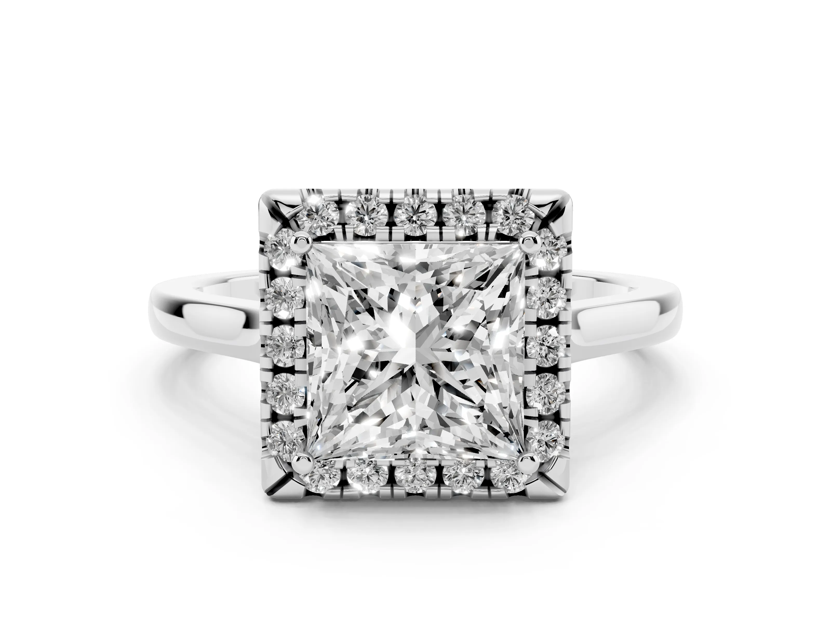 Princess Cut Halo Round Diamond Solitaire Ring Set in Platinum with Pavé Band and Prong Setting
