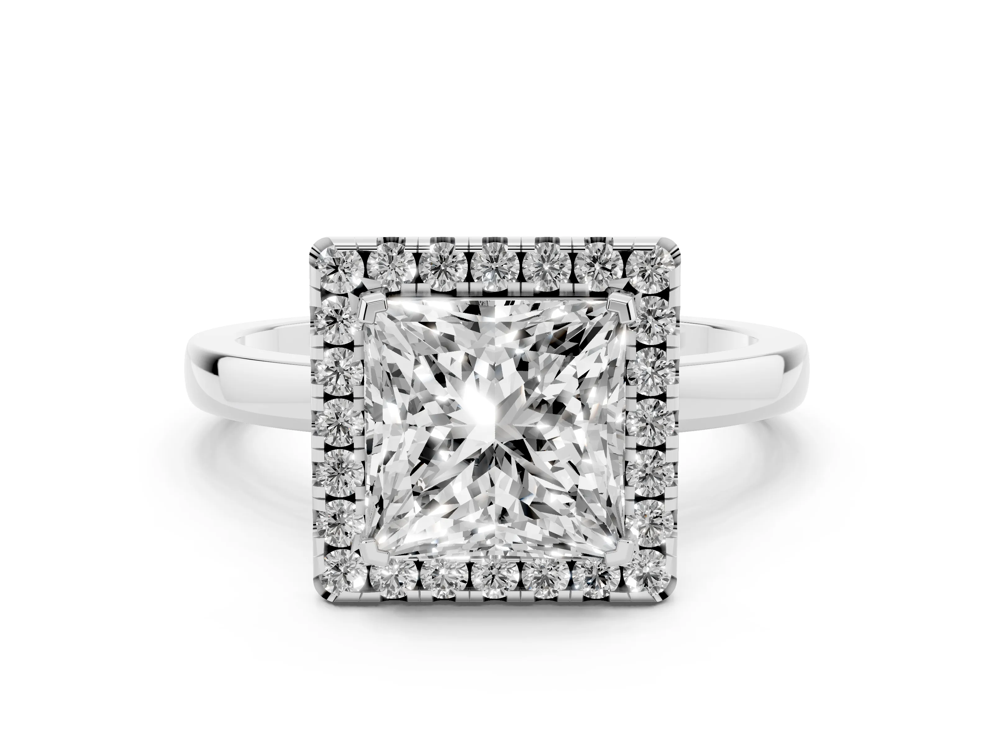 Princess Cut Diamond Halo Solitaire Ring Set in Platinum with Pavé Band and Prong Setting