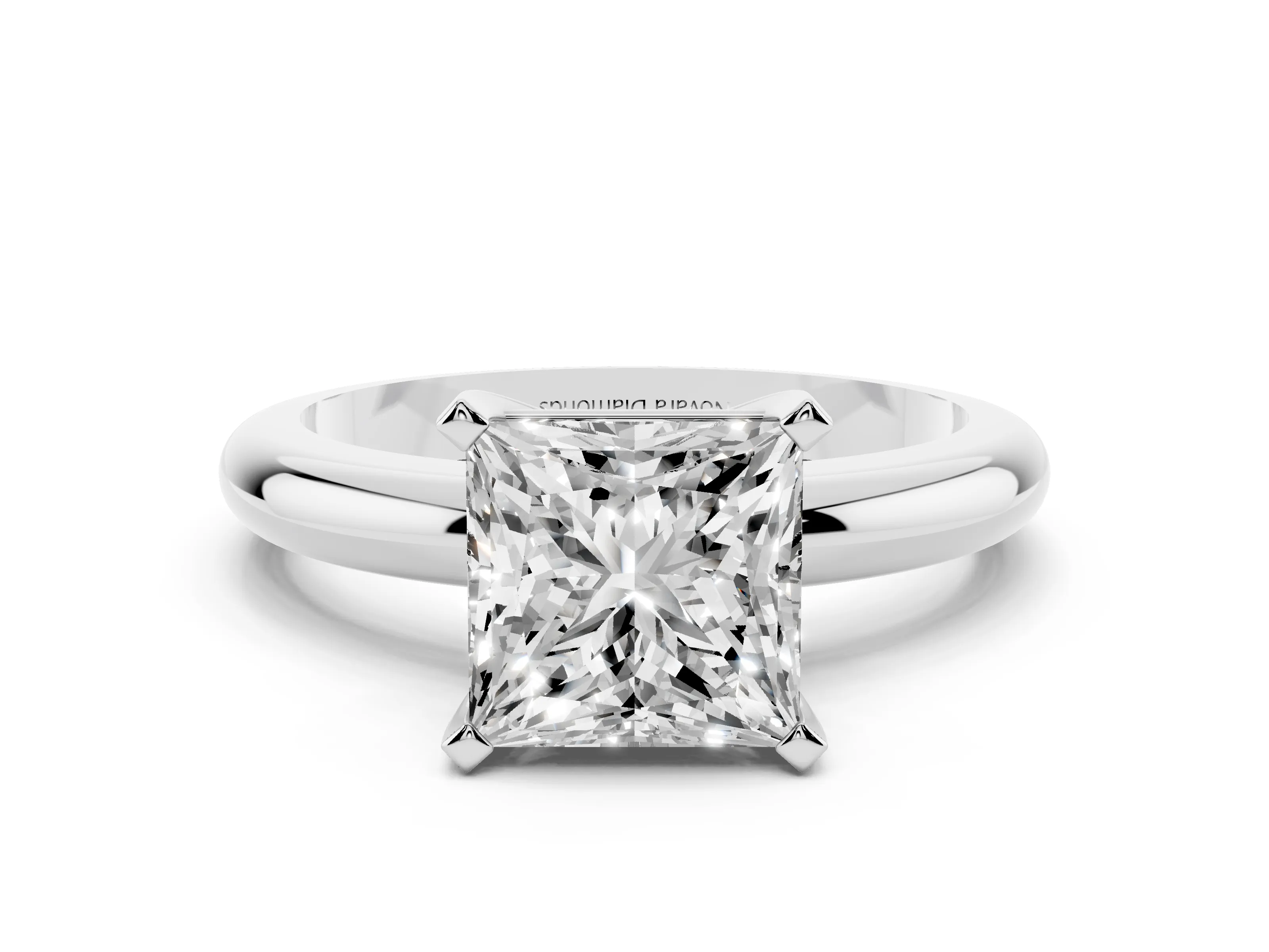 Princess Cut Diamond Solitaire Engagement Ring Set in Platinum with Round Band and Prong Setting
