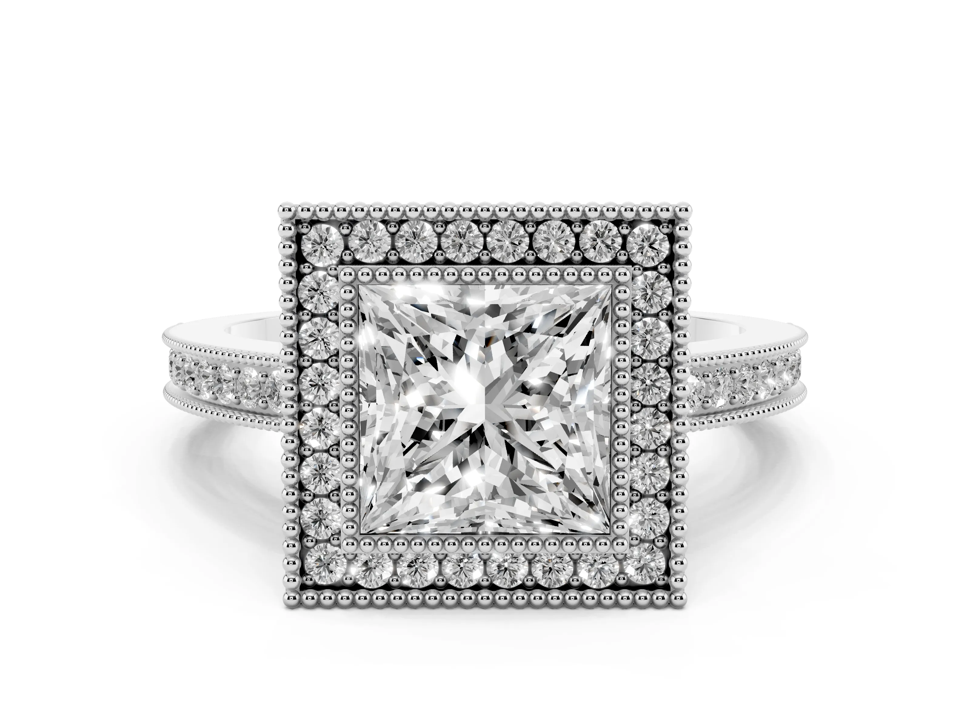 Princess Cut Diamond Halo Ring Set in Platinum with Pavé Band and Milgrain-Edged Prongs