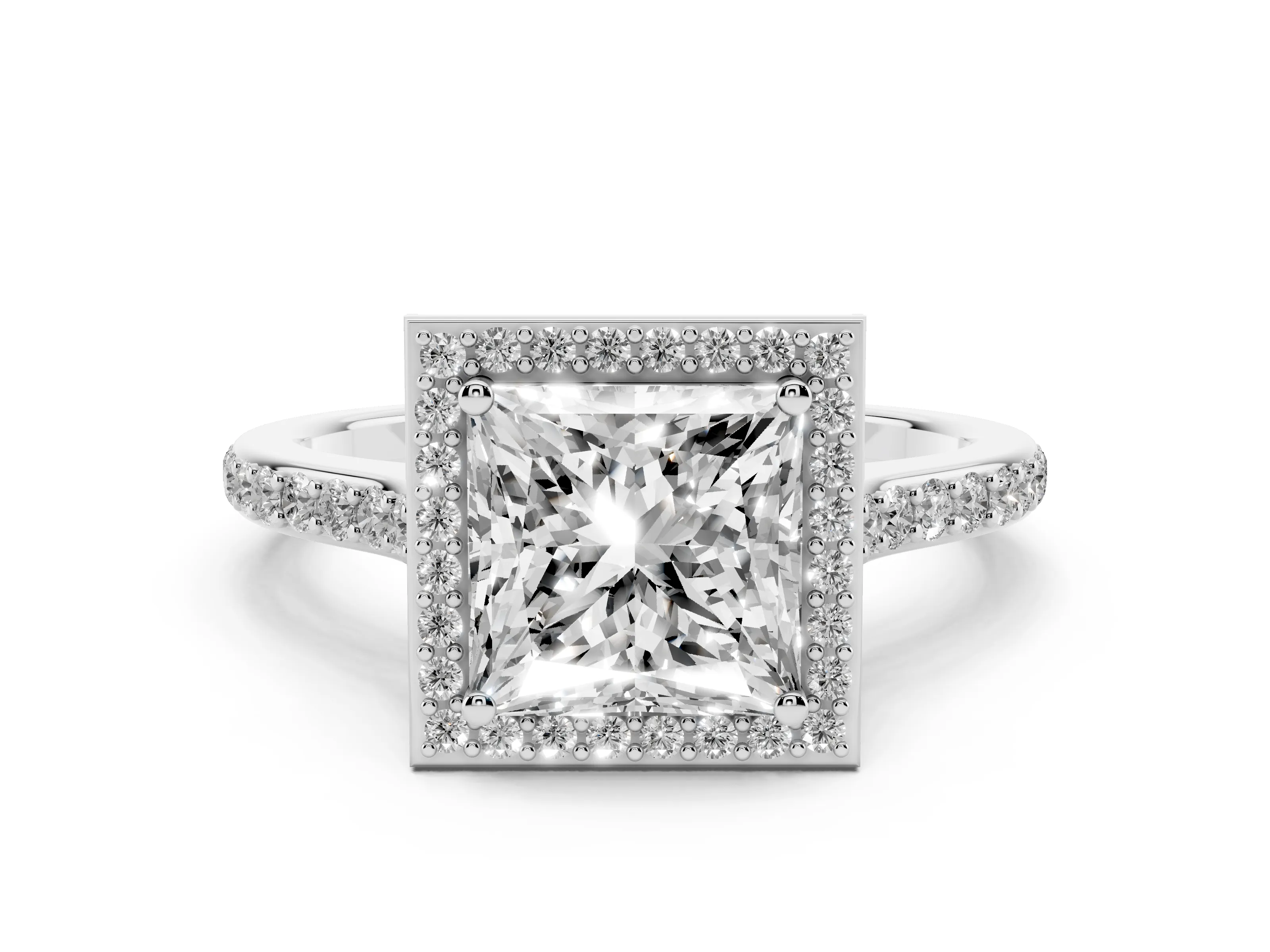 Princess Cut Diamond Halo Engagement Ring Set in Platinum with Round Pavé Shoulders and Heart Gallery