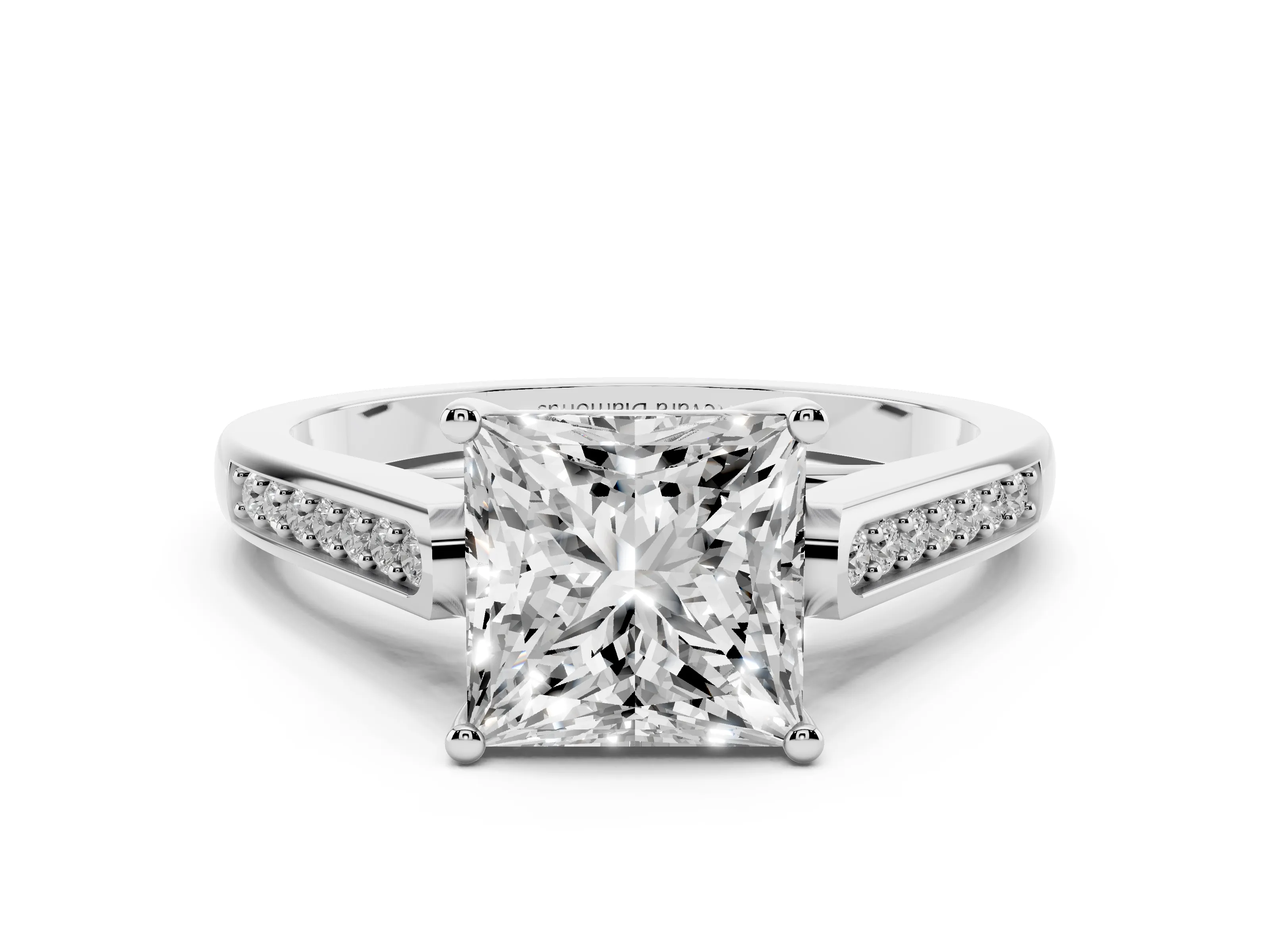 Princess Cut Diamond Solitaire Cathedral Engagement Ring Set in Platinum with Channel-Set Band and Prong Setting