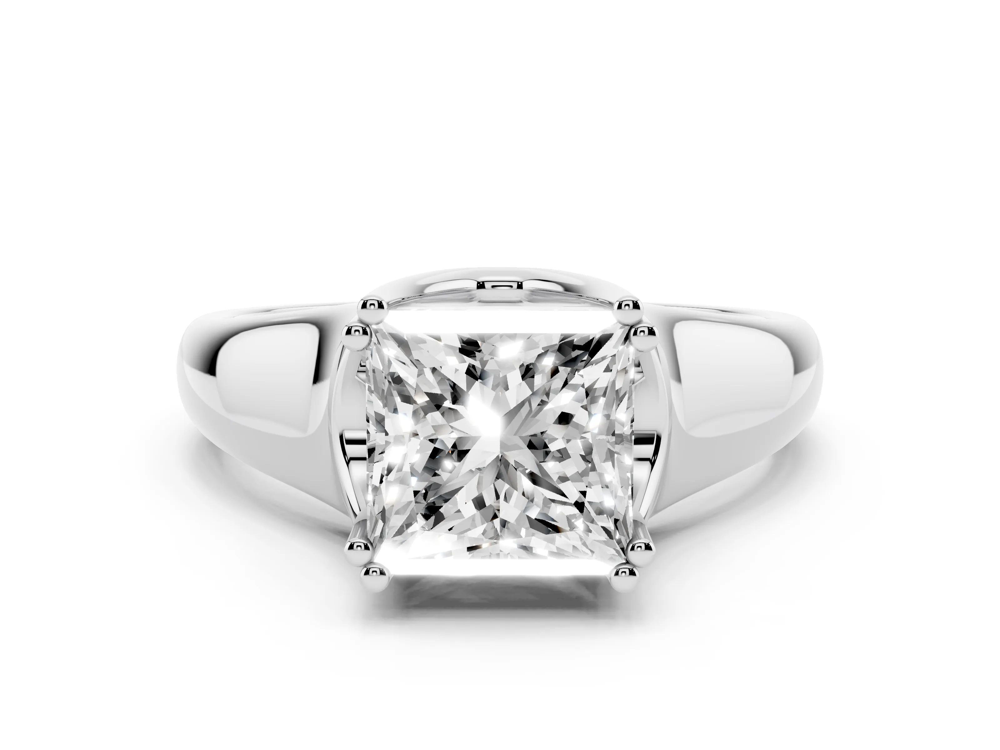 Princess Cut Diamond Solitaire Ring Set in Platinum with Wide Band and Prong Setting