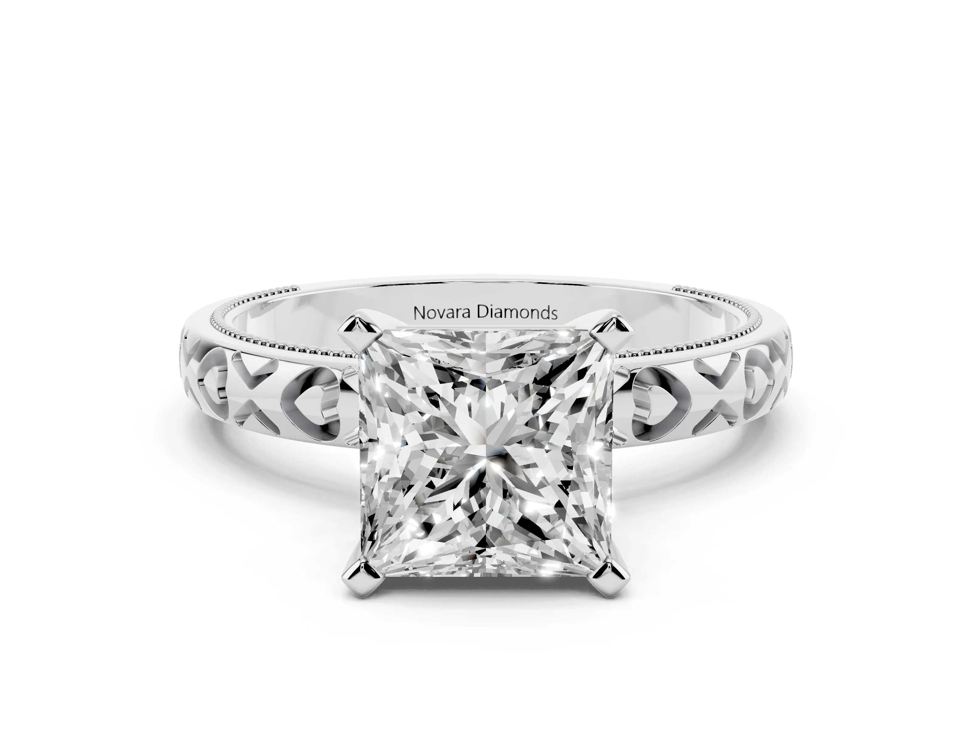 Princess Cut Diamond Solitaire Engagement Ring Set in Platinum with XO Engraved Band and Prong Setting