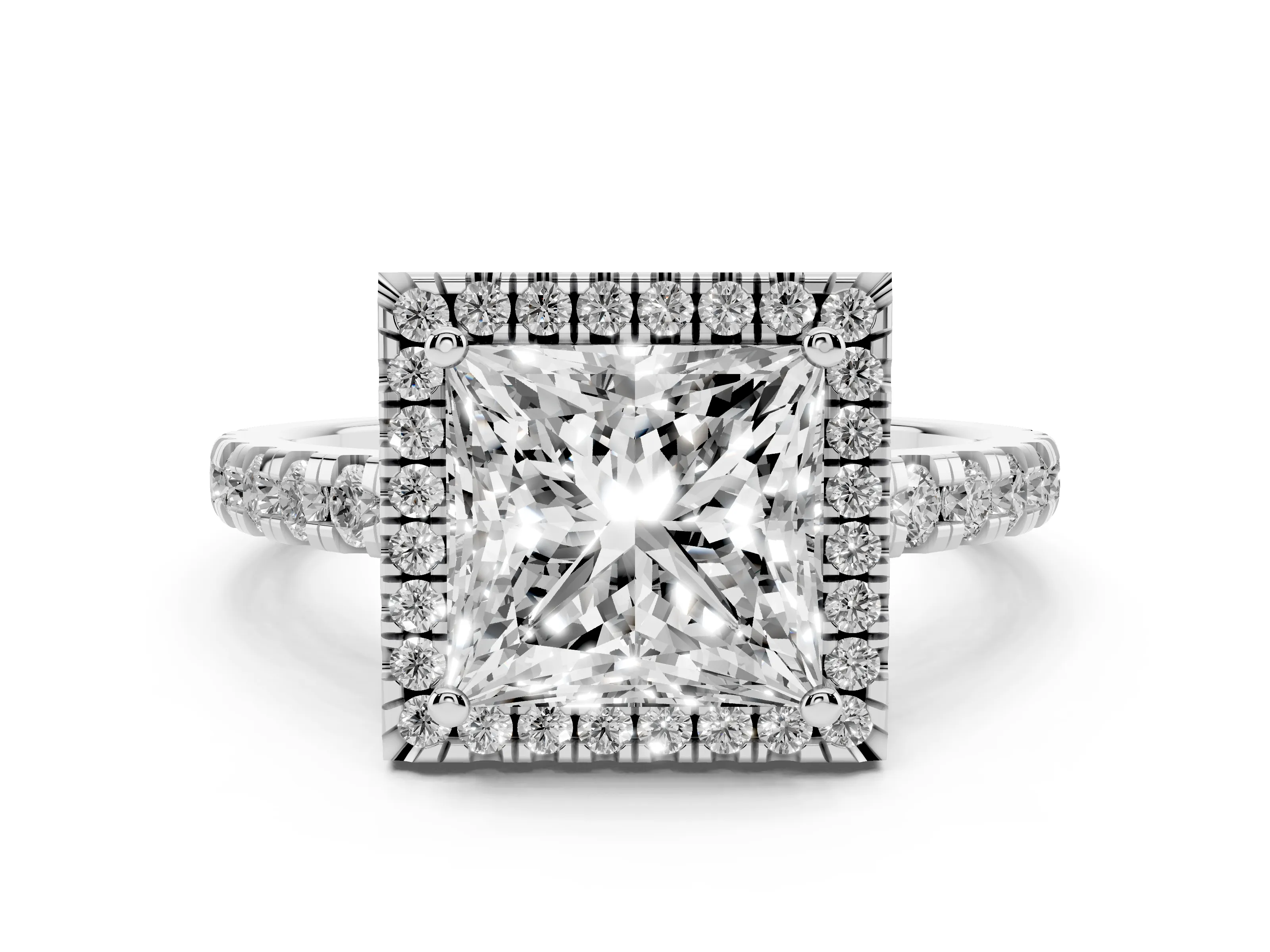 Princess Cut Diamond Halo Ring Set in Platinum with Delicate Pavé Band and Prong Setting
