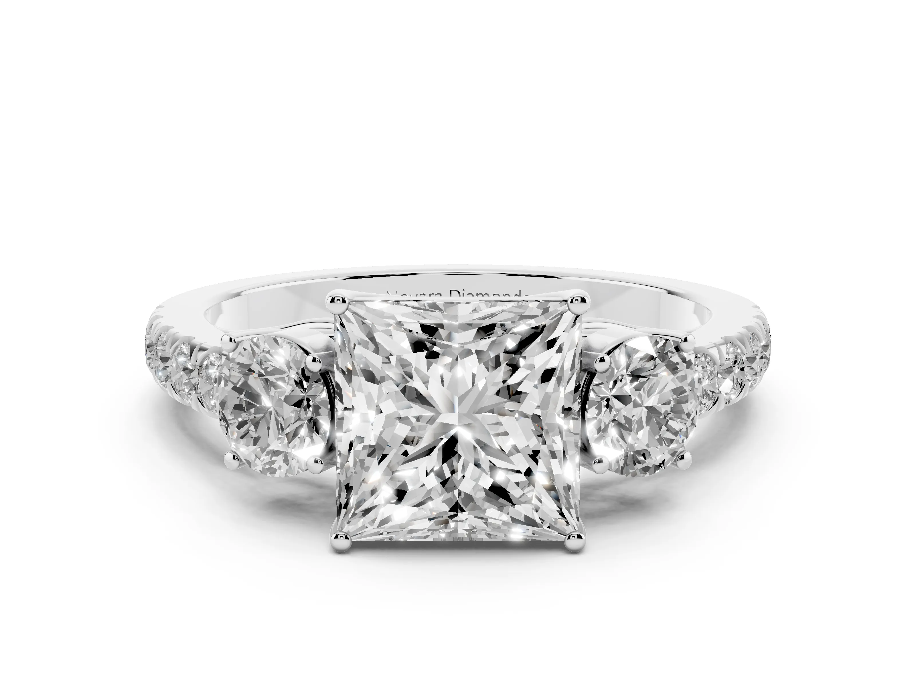 Princess Cut Diamond Three-Stone Ring Set in Silver with Round Side Stones and Delicate Pavé Band