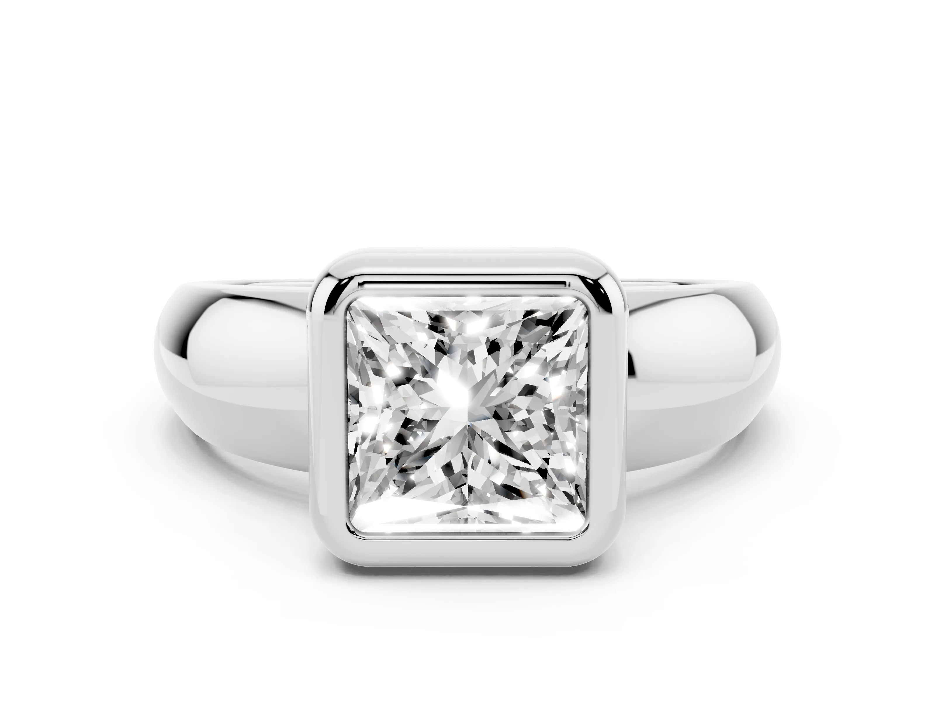 Bezel Set Princess Cut Diamond Solitaire Ring Set in White gold with Wide Band