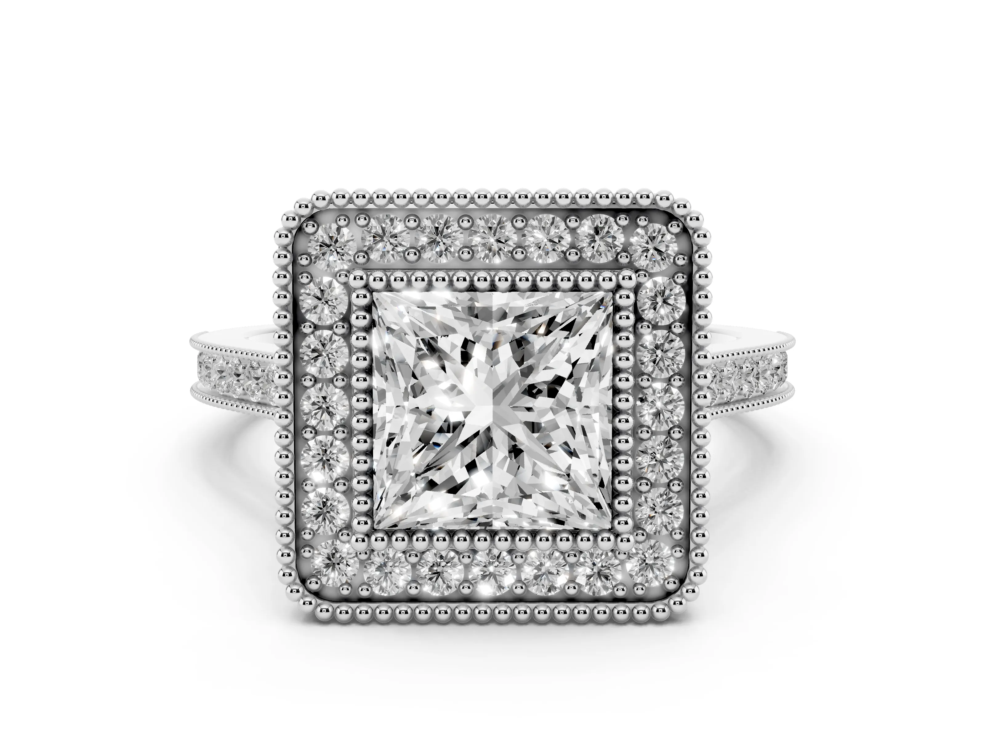 Princess Cut Diamond Halo Ring Set in White gold with Milgrain Frame and Pavé Band