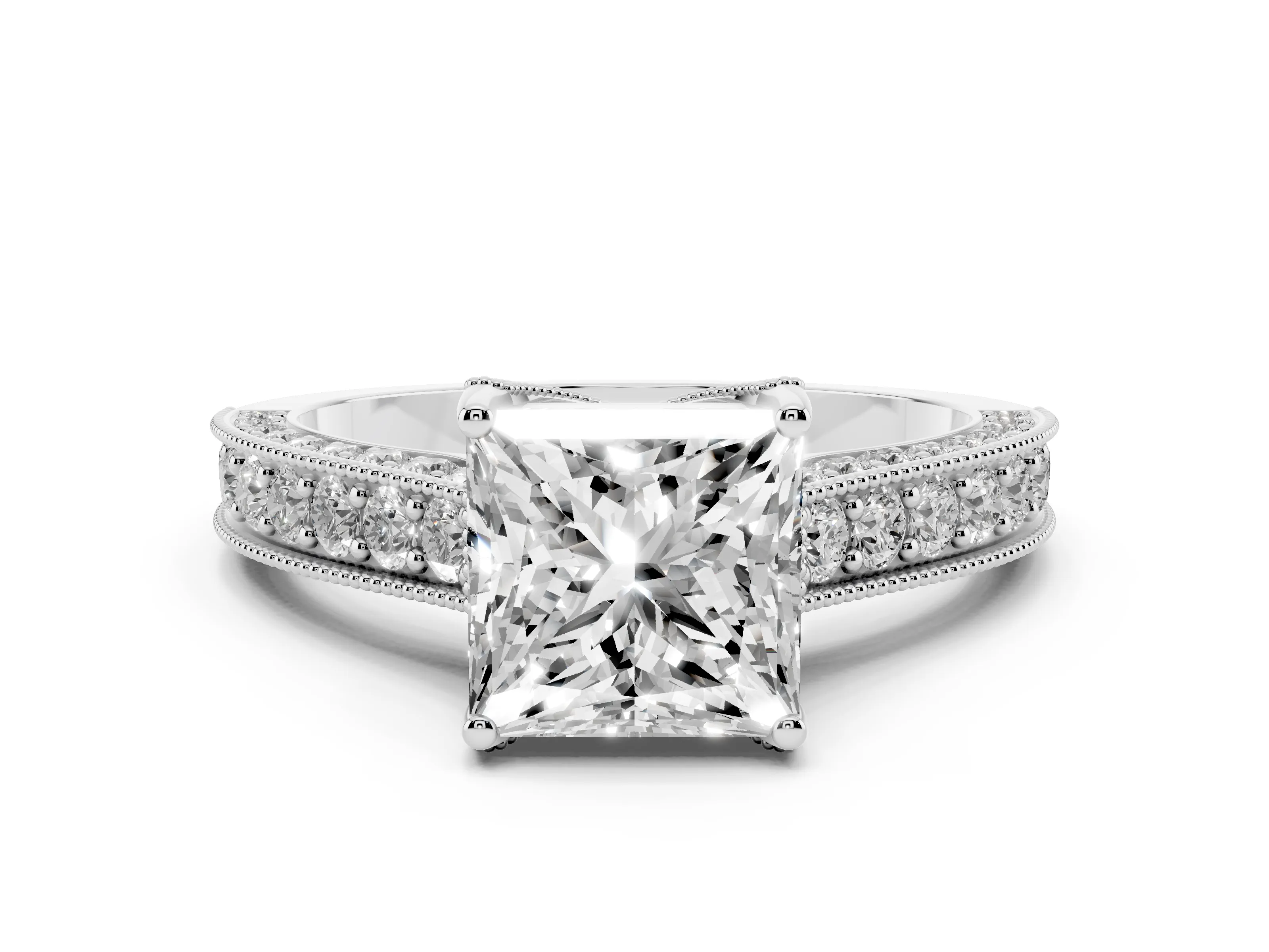 Princess Cut Diamond Solitaire Ring Set in Platinum with Milgrain-Edged Pavé Band and Prong Setting