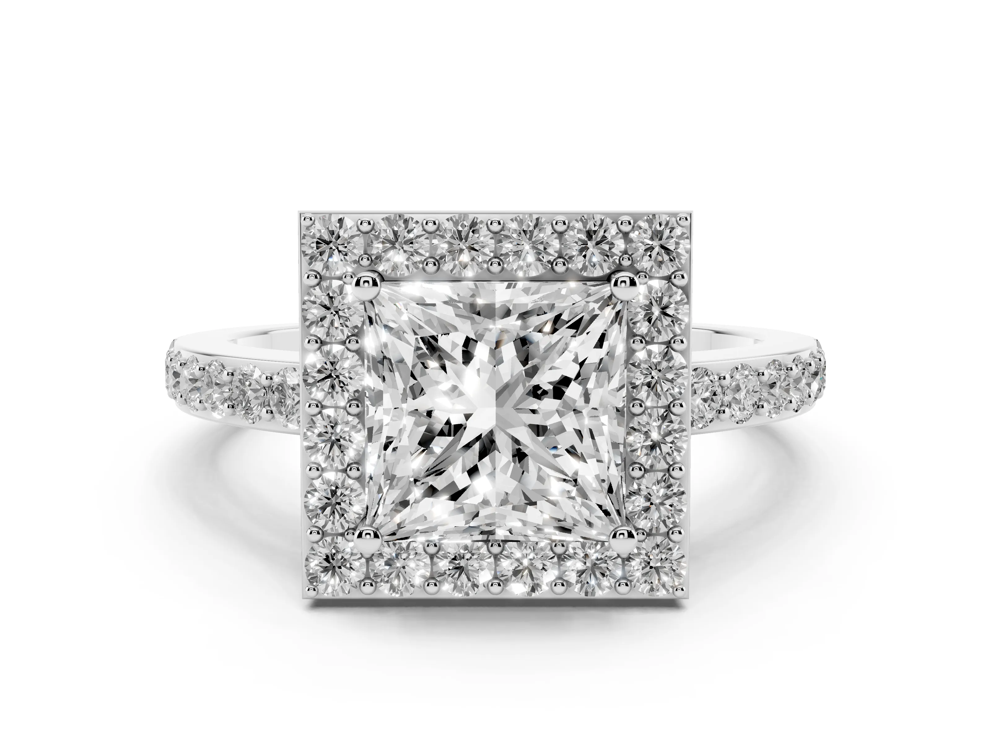 Princess Cut Diamond Halo Ring Set in White gold with Pavé-Setting Band and Open Prong Center