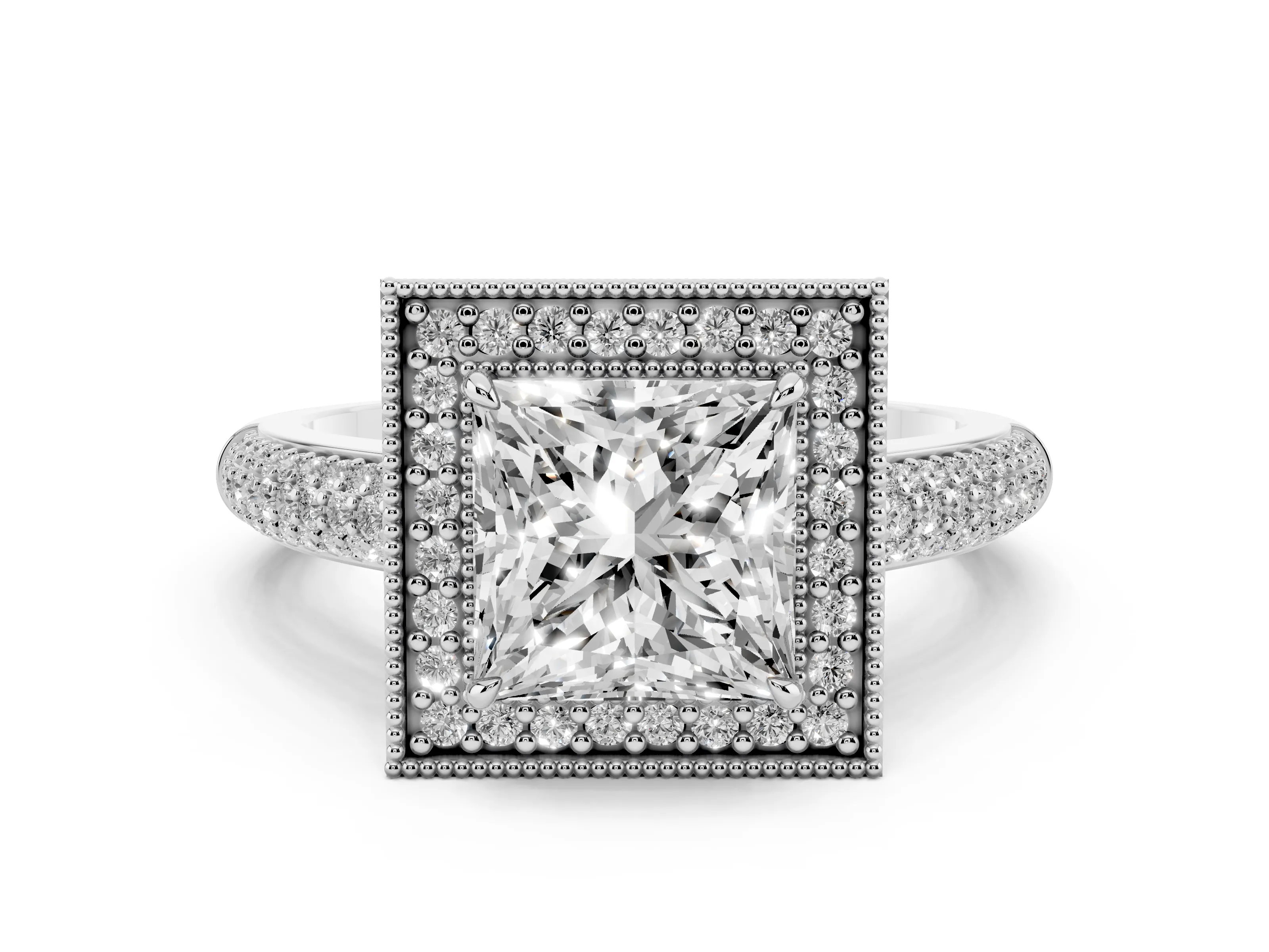 Princess Cut Diamond Halo Pavé Band Set in Platinum with Prong Setting