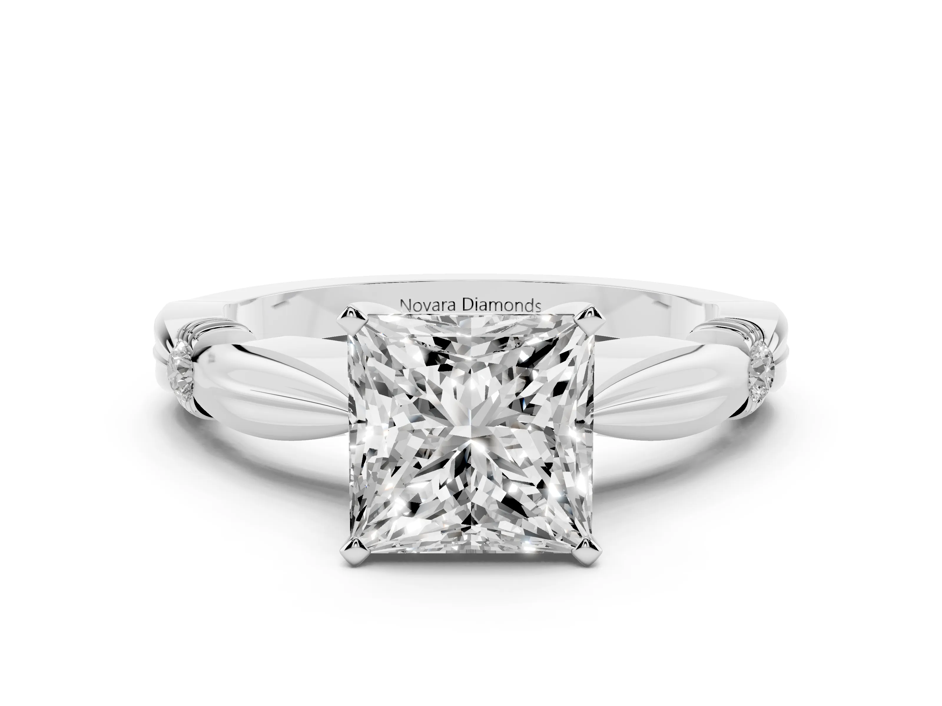 Princess Cut Diamond Solitaire Twisted Band Ring Set in Silver with Accent Stones and Prong Setting