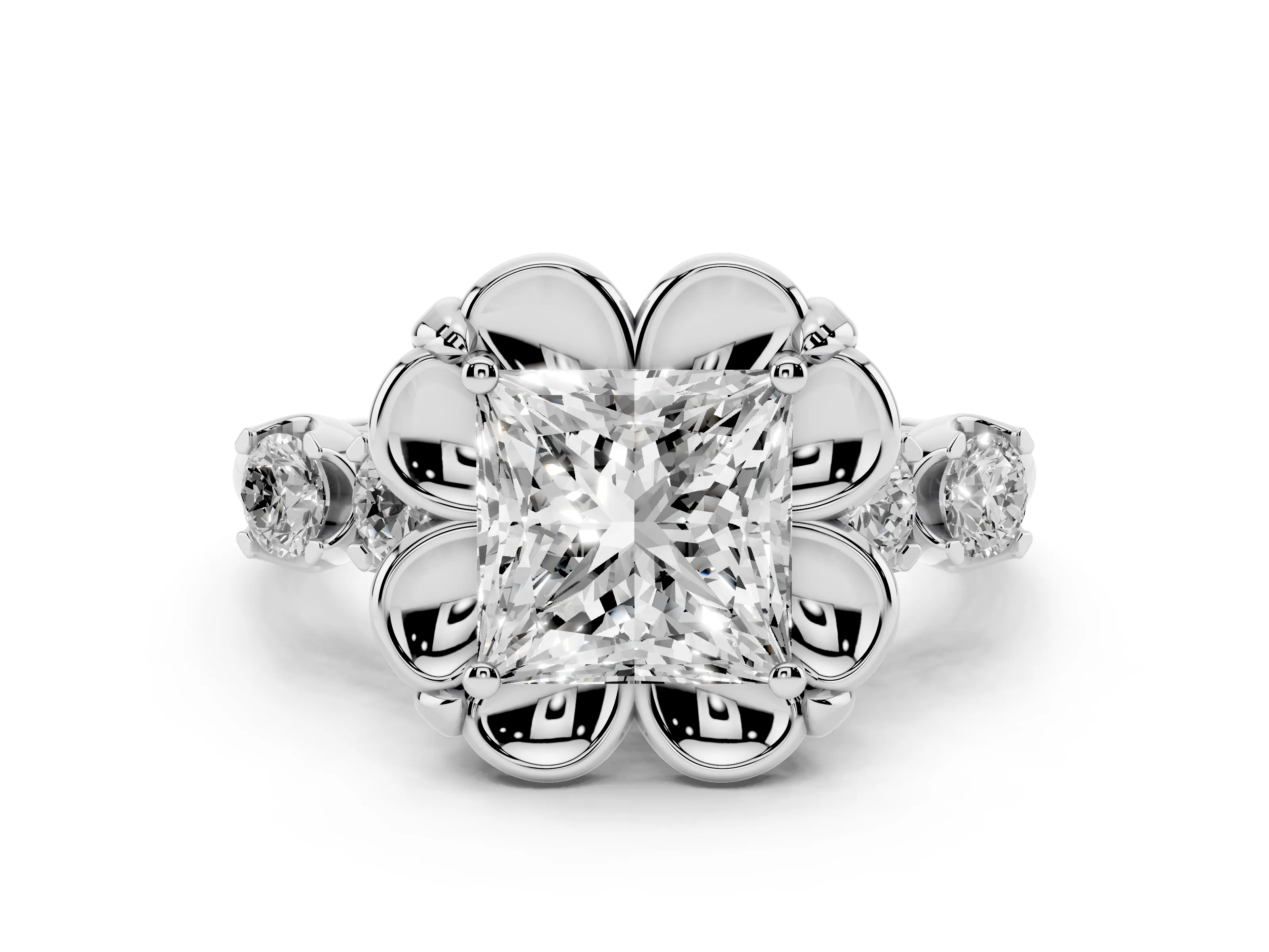 Princess Cut Diamond Floral Halo Ring Set in White gold with Shared Prong Band