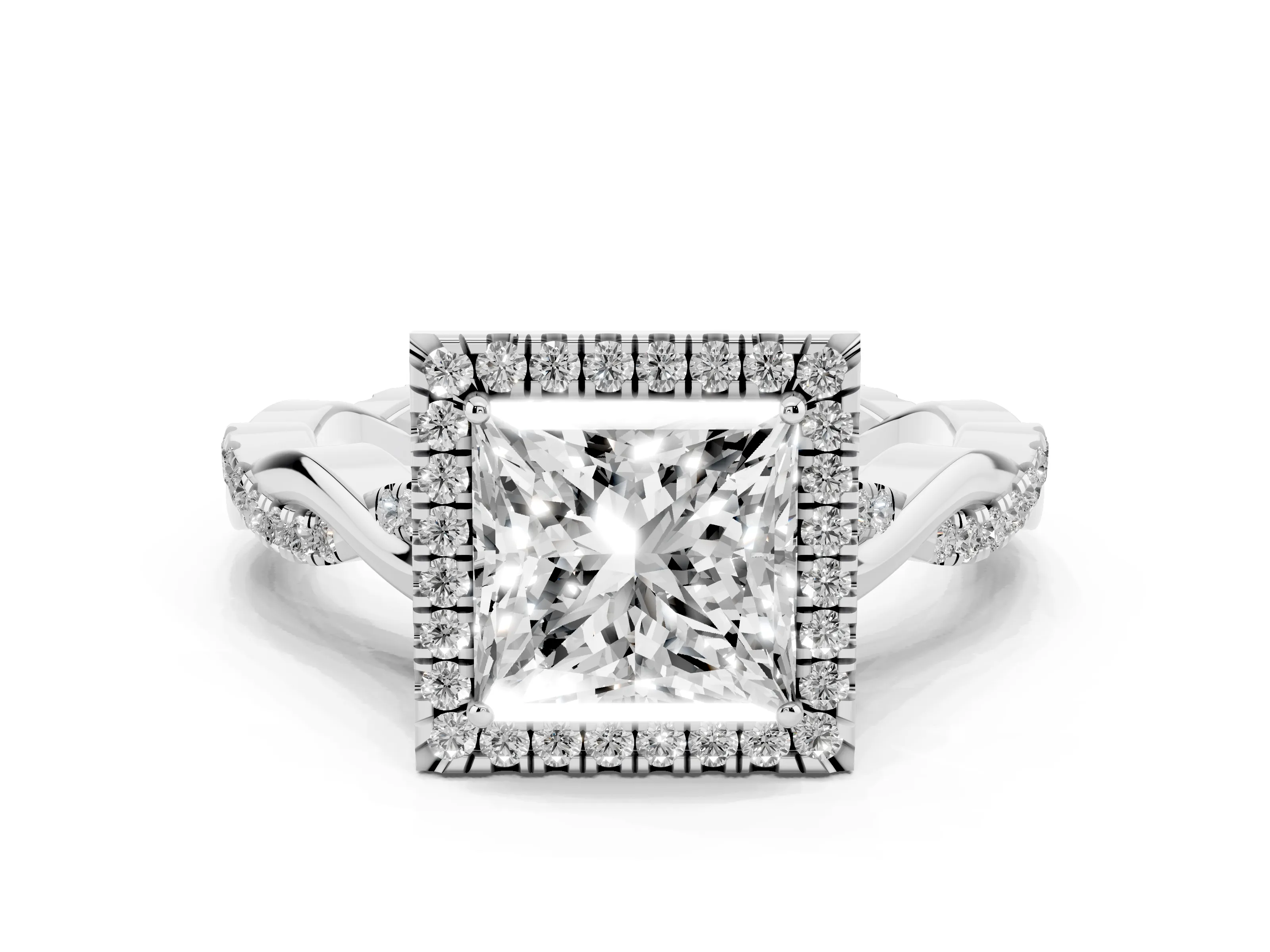 Princess Cut Diamond Halo Twist Band Solitaire Ring Set in Platinum with Prong Setting