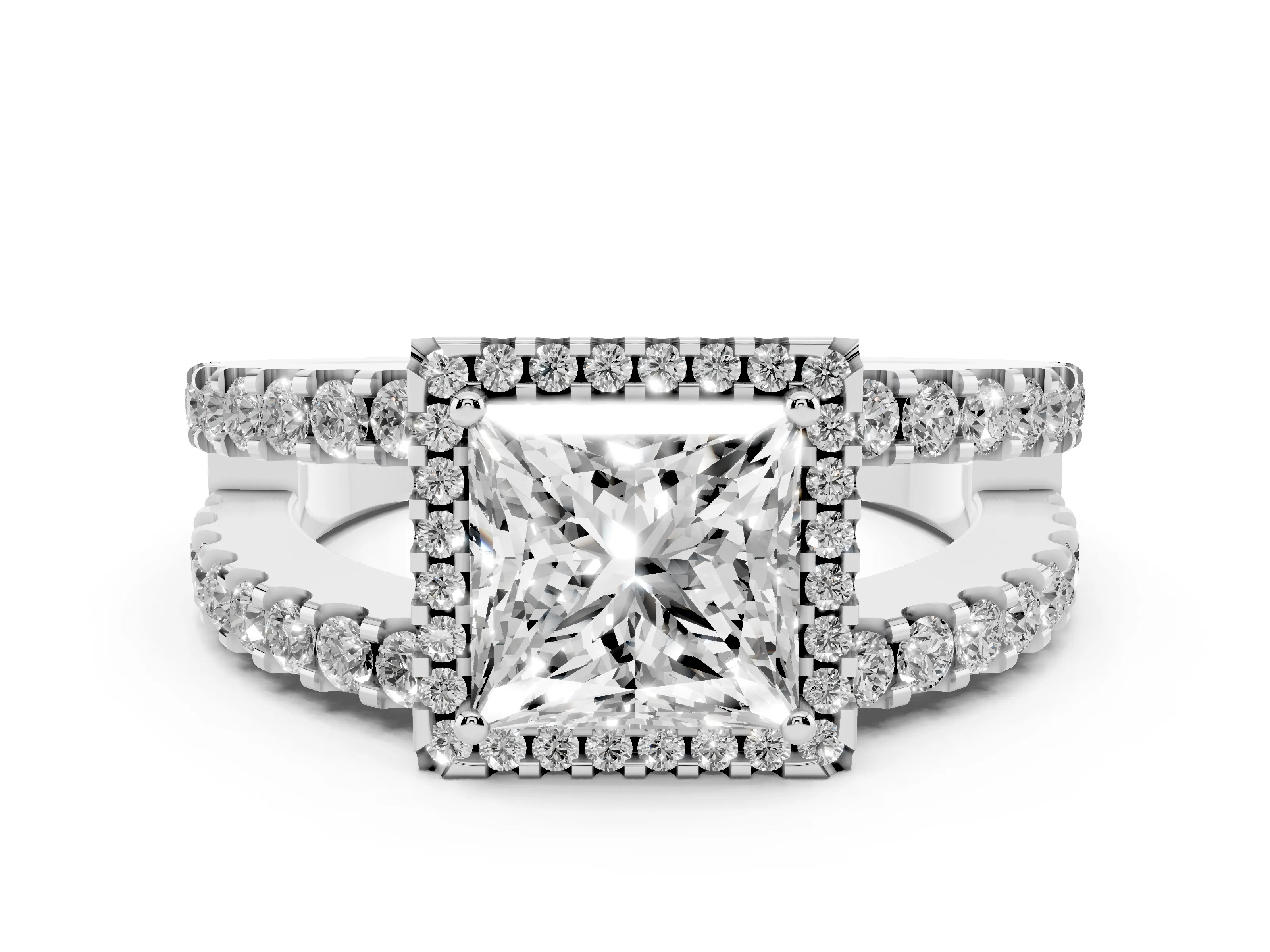 Princess Cut Diamond Halo Ring Set in Platinum with Pavé Split Shank and Prong Setting