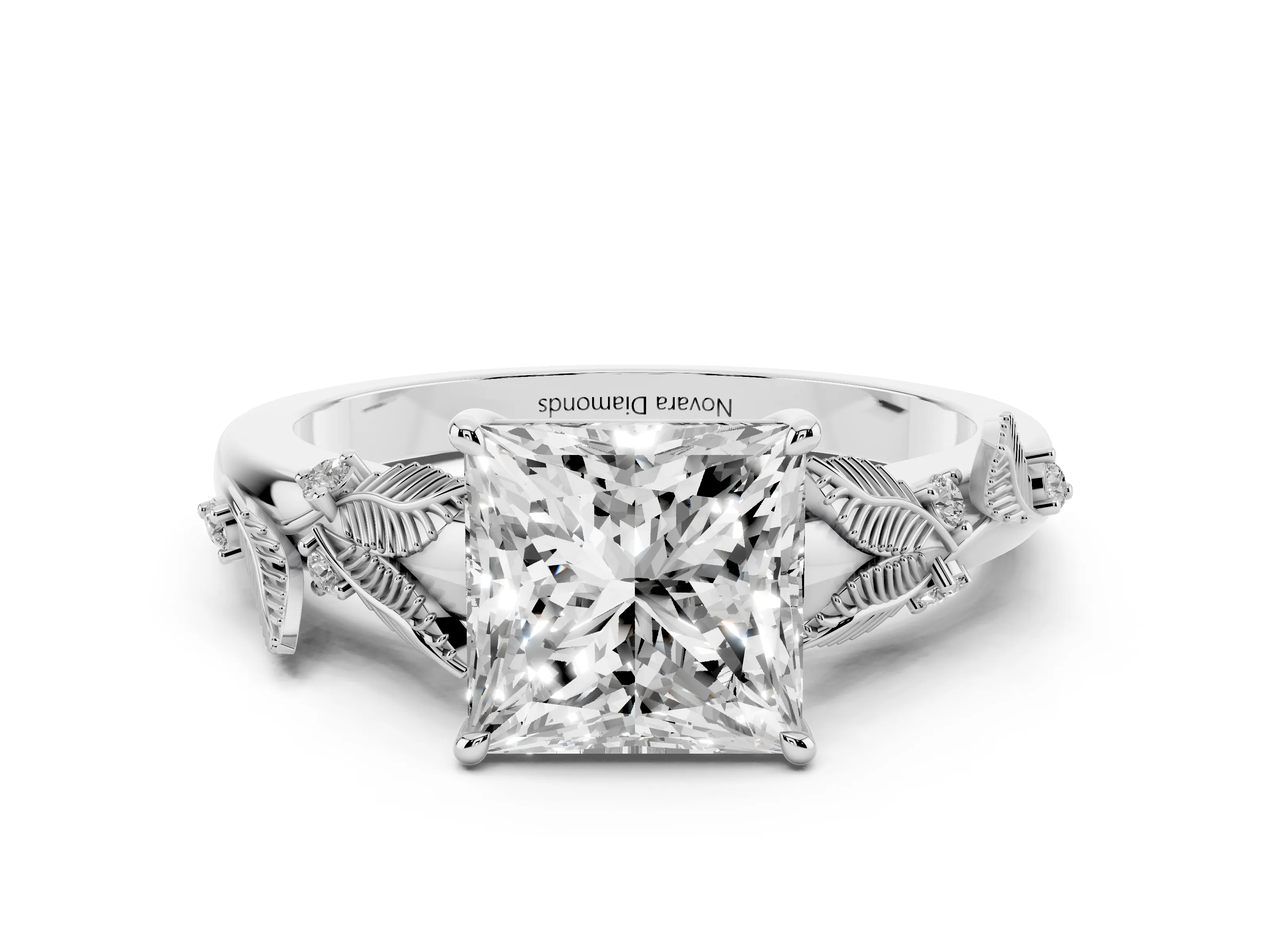 Princess Cut Diamond Solitaire Ring Set in White gold with Leaf Motif Band