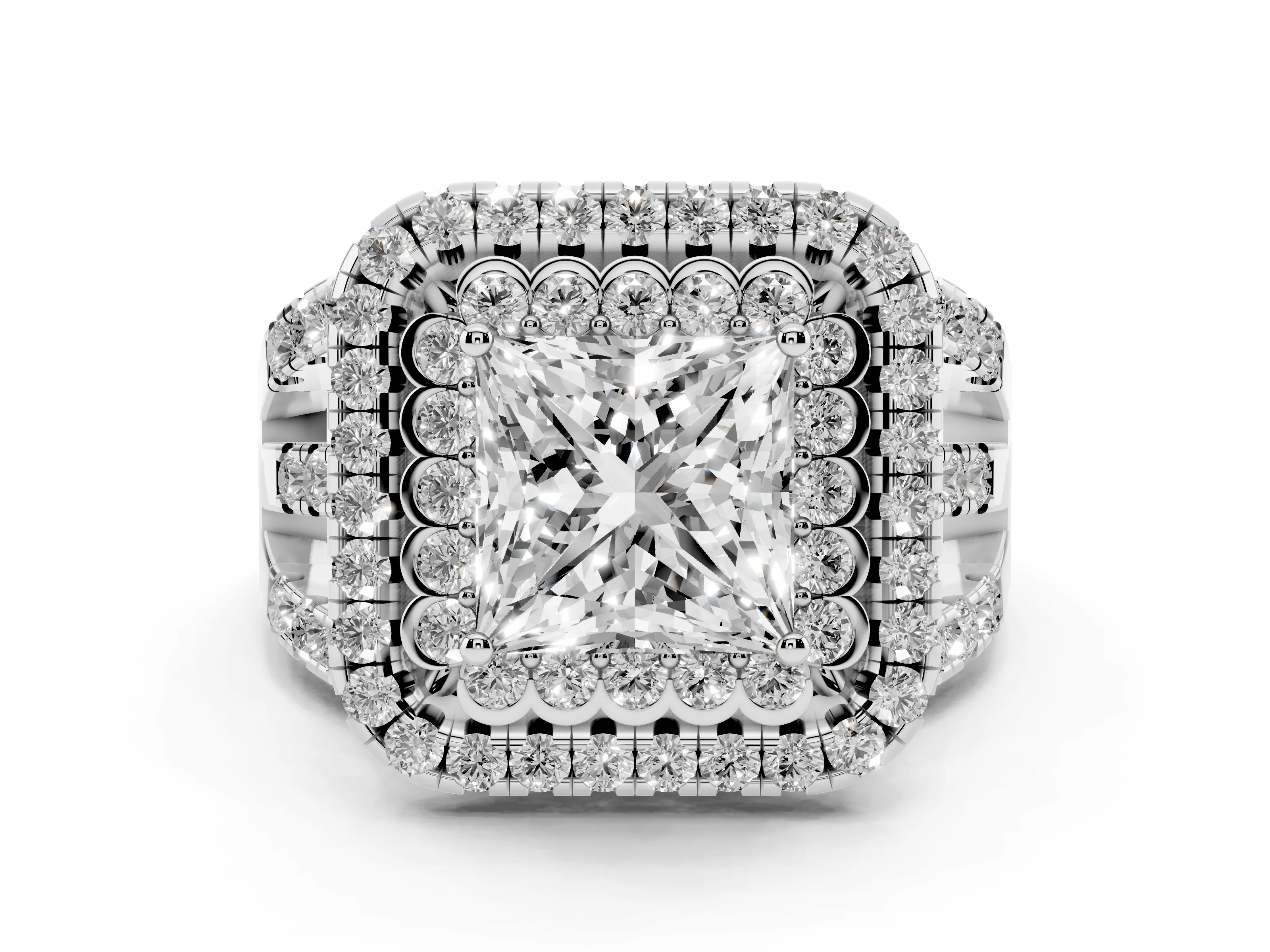 Princess Cut Diamond Double Halo Ring Set in White gold with Round Pavé Split Shank