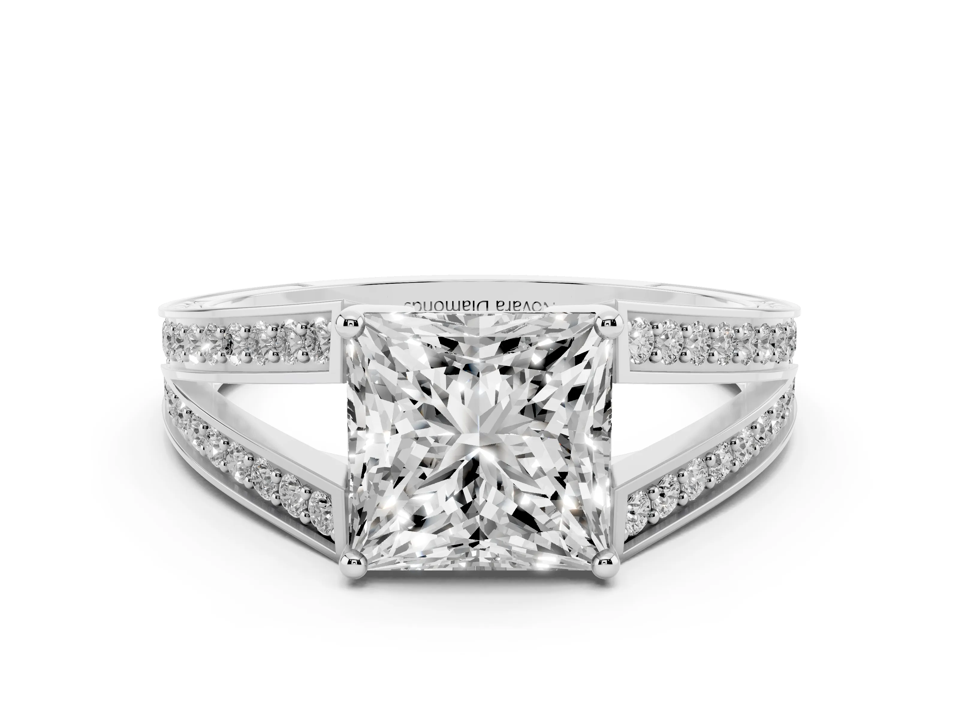 Princess Cut Diamond Split Shank Ring Set in Platinum with Pavé Band and Prong Setting