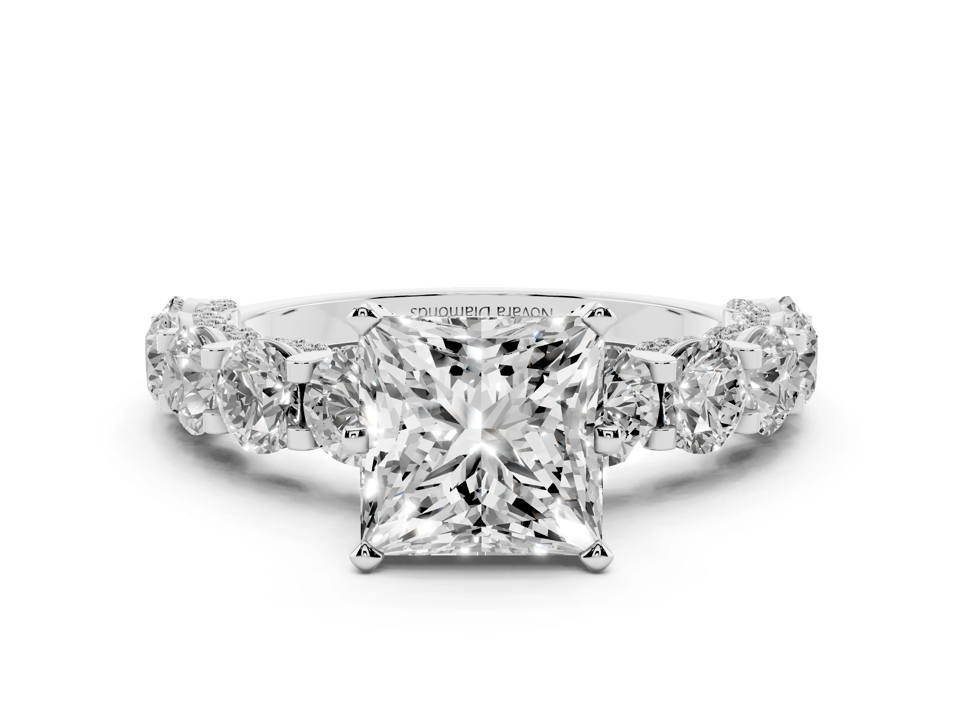 Princess Cut Diamond Side Stone Ring Set in Silver with Alternating Round and Oval Side Stones