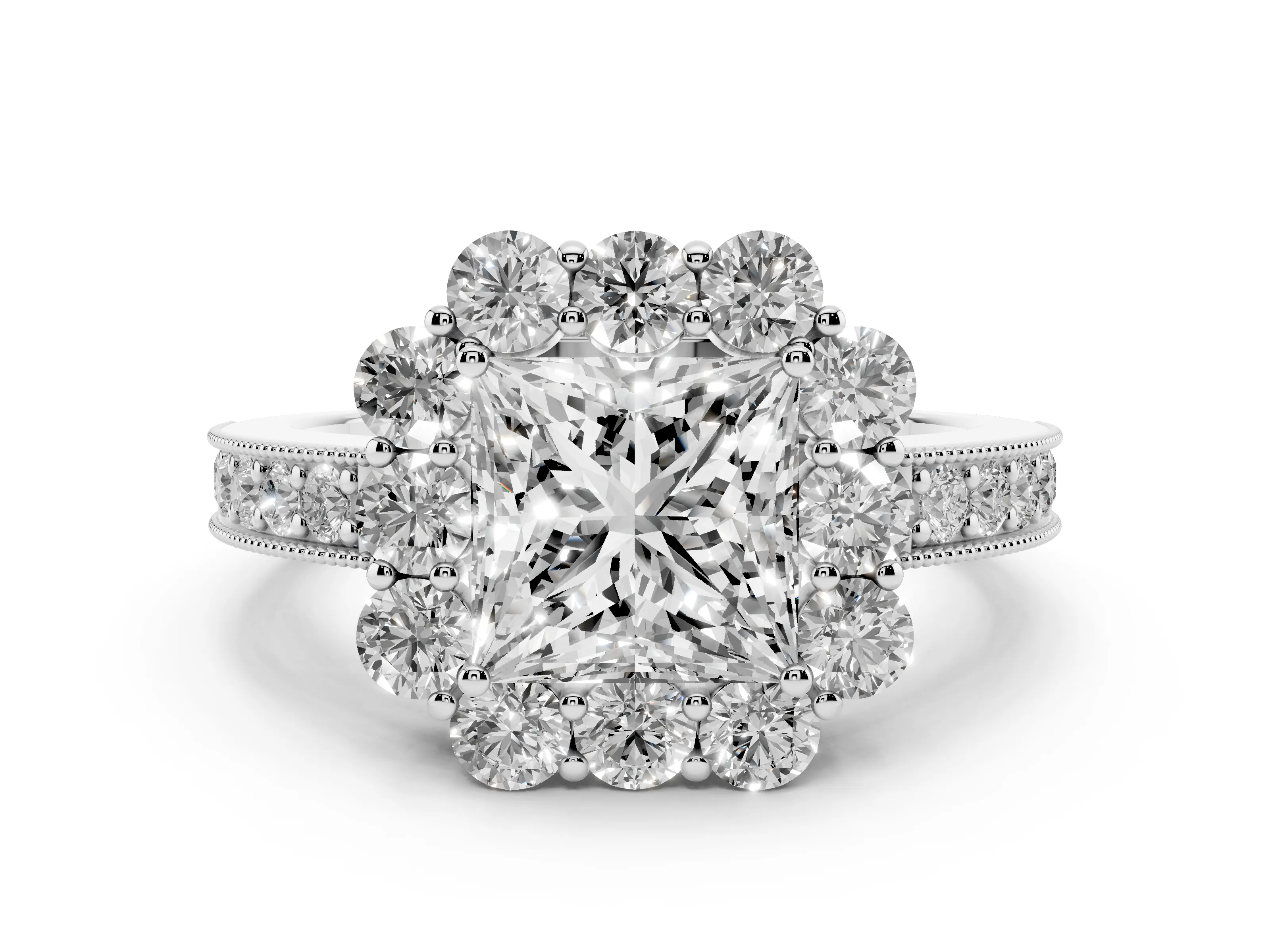 Princess Cut Diamond Halo Pavé Engagement Ring Set in White gold with Milgrain Detailing
