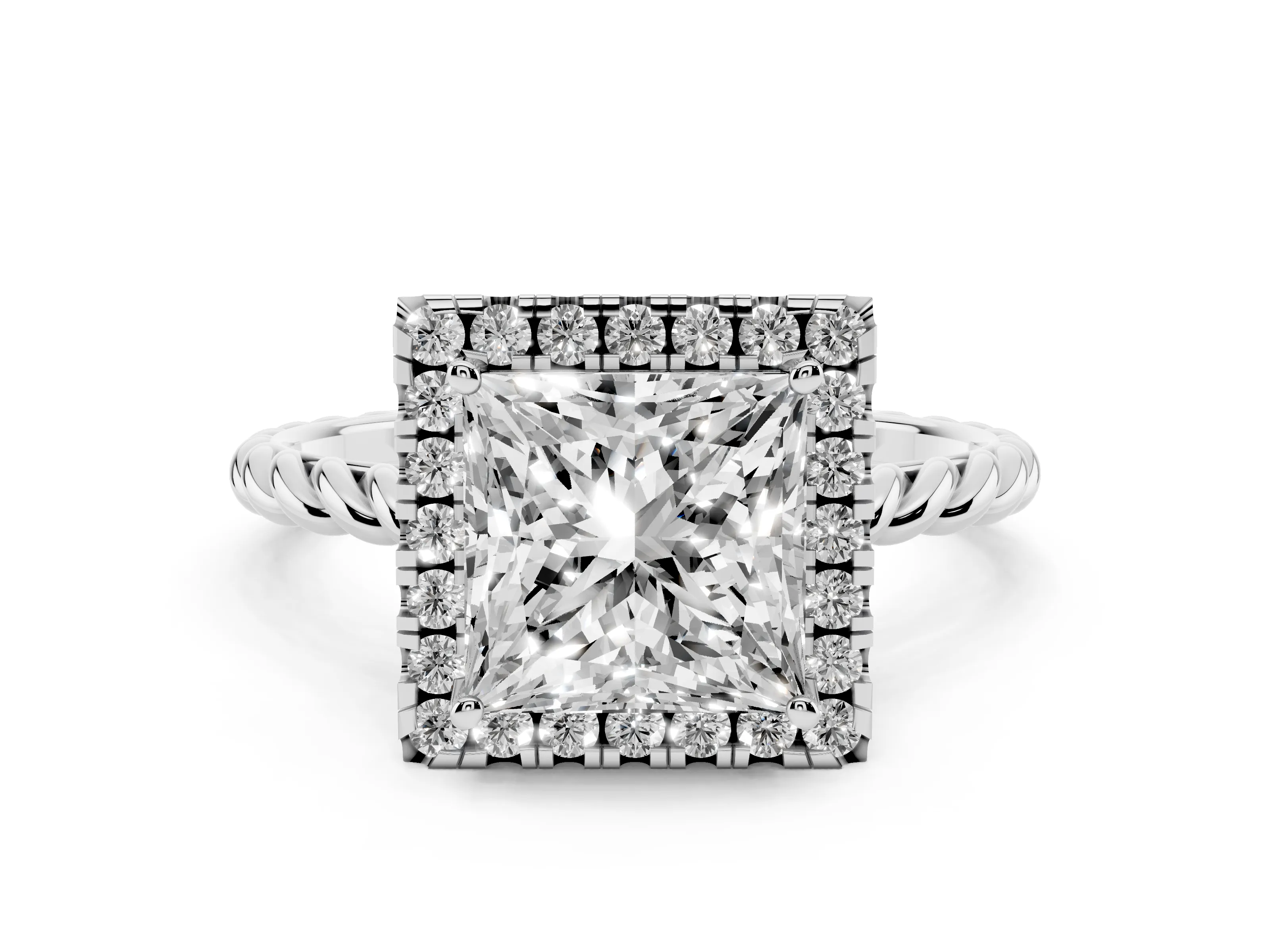 Princess Cut Diamond Halo Ring Set in Platinum with Plain Twisted Band