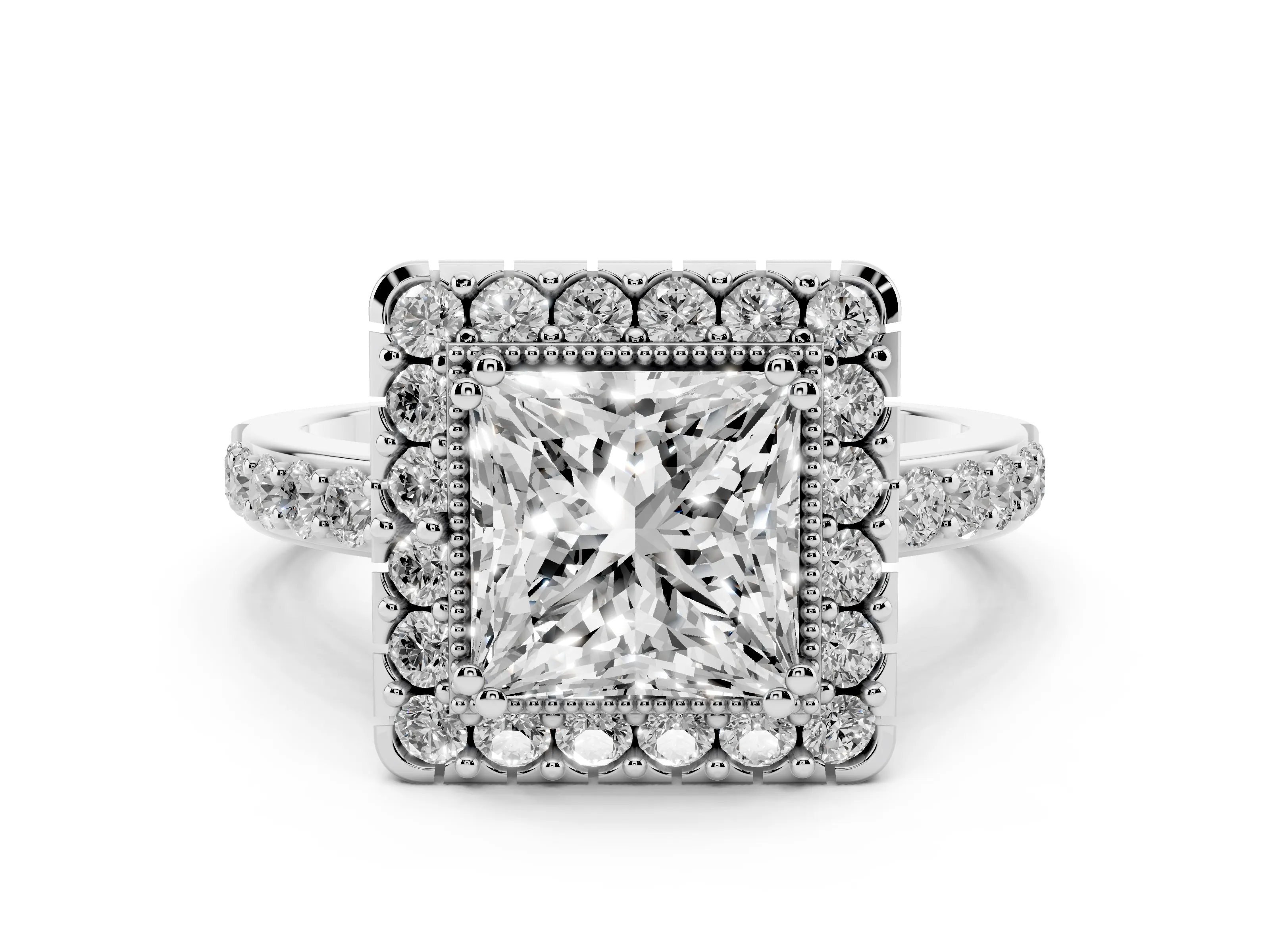 Princess Cut Diamond Halo Ring Set in Platinum with Pavé Shank and Prong Setting
