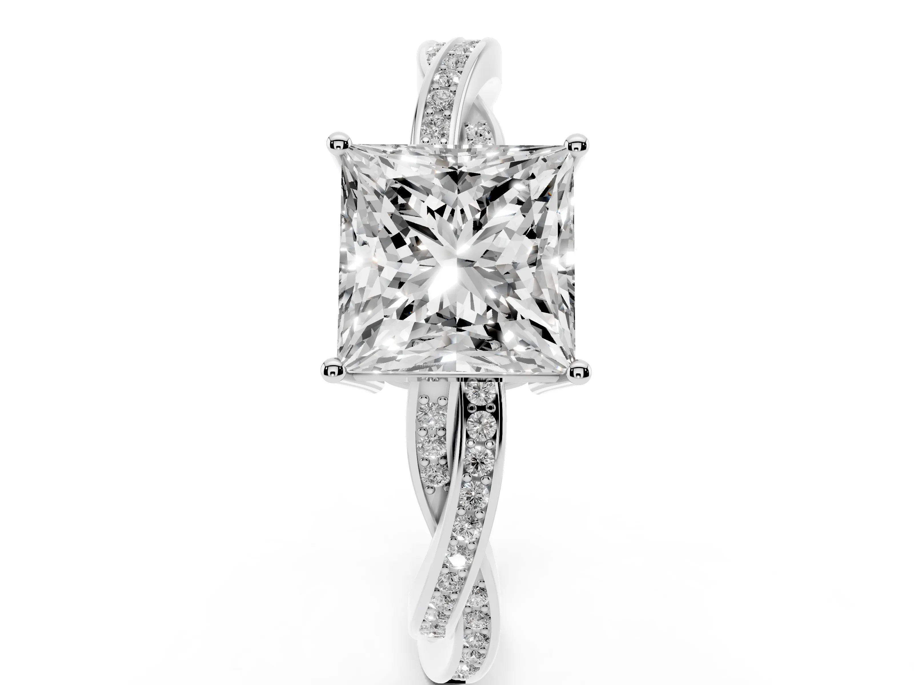 Princess Cut Diamond Solitaire Twisted Pavé Ring Set in Platinum with Prong Setting