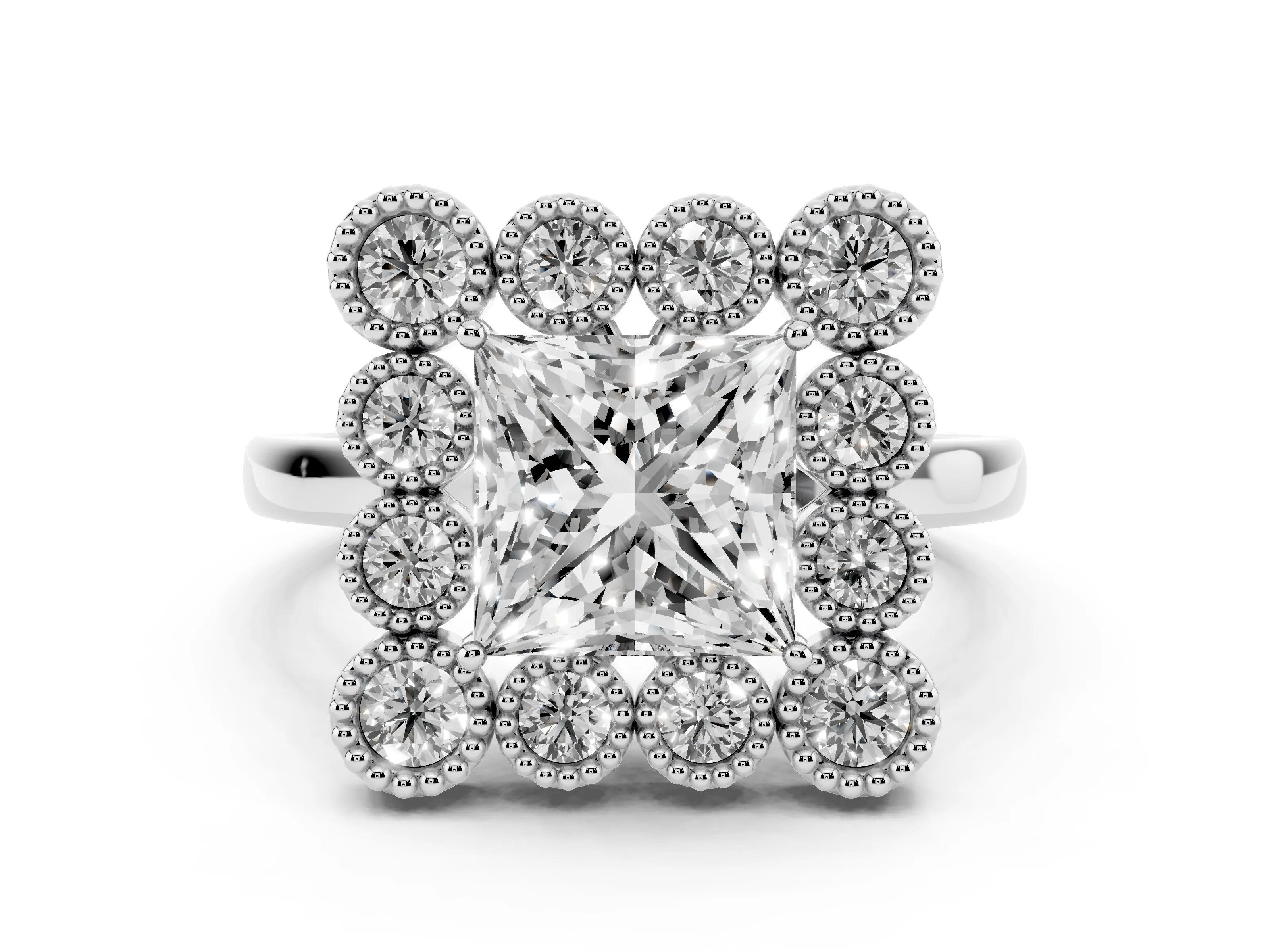 Princess Cut Diamond Cluster Halo Ring Set in White gold with Milgrain Bezel Accents and Plain Band