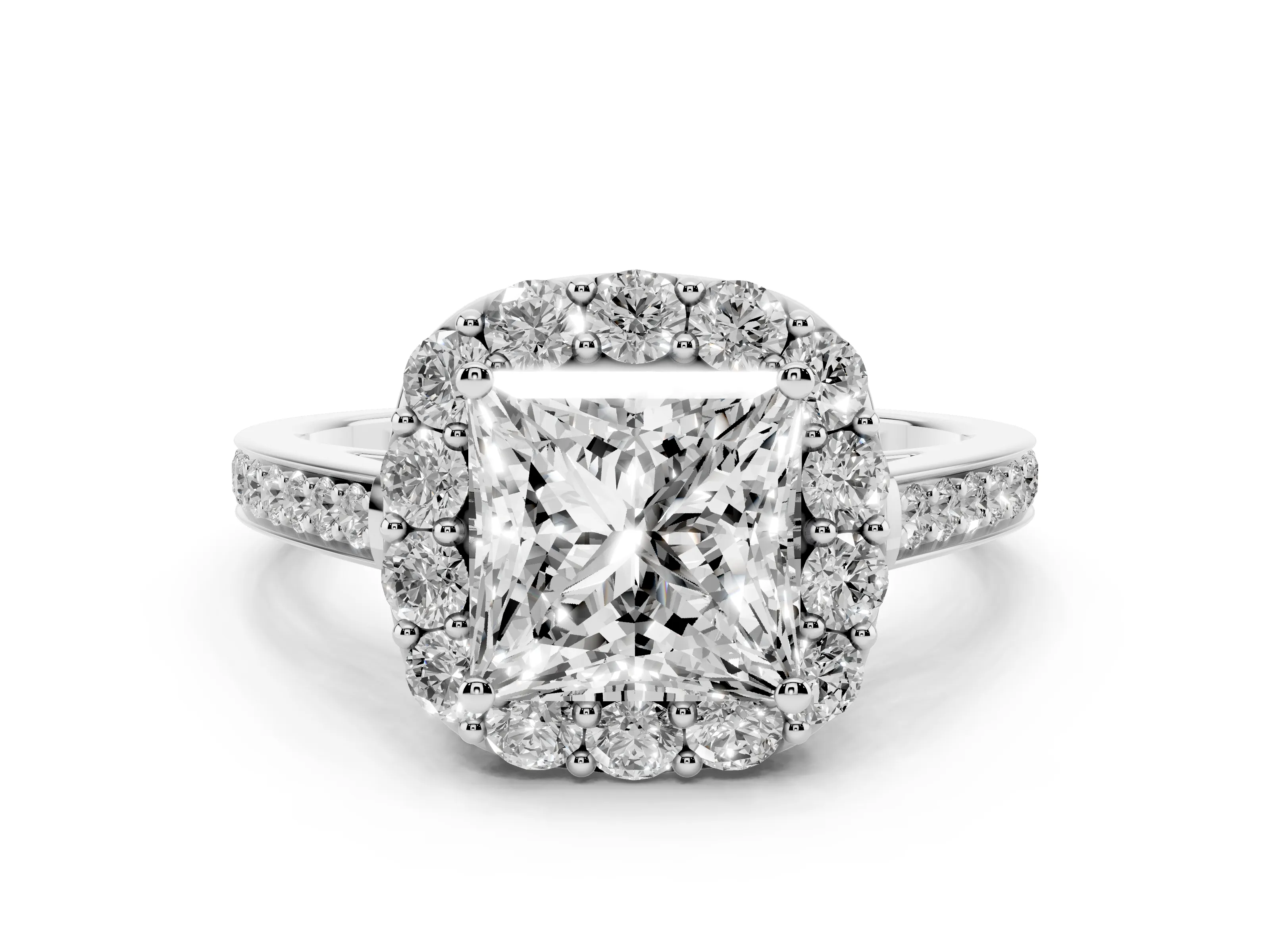 Princess Cut Diamond Floral Halo Ring Set in White gold with Pavé Band and Prong Setting