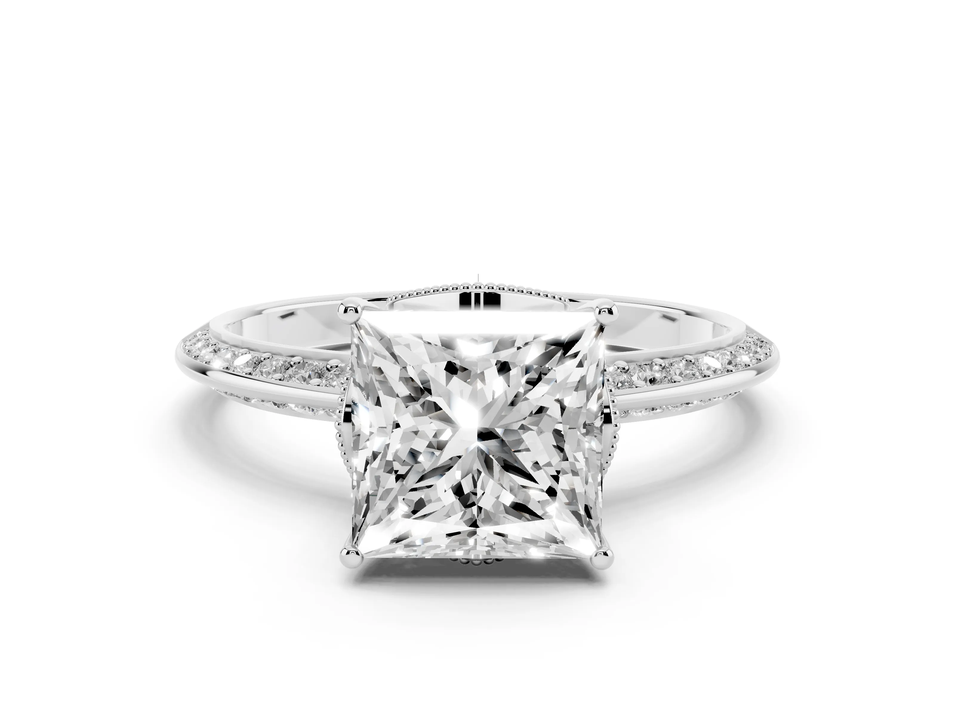 Princess Cut Diamond Solitaire Engagement Ring Set in Platinum with Pavé Split Shank and Prong Setting