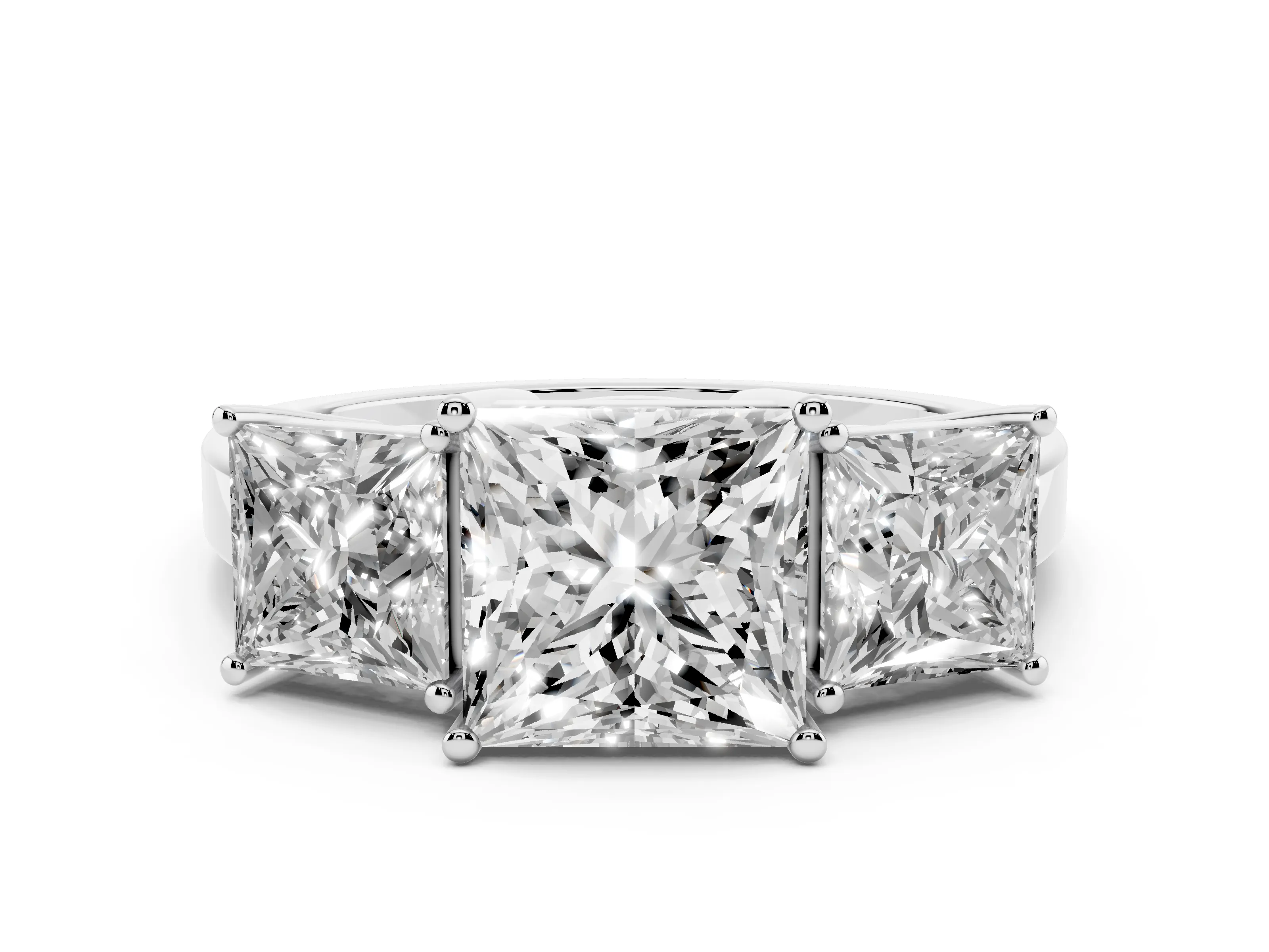 Princess Cut Diamond Three-Stone Engagement Ring Set in Platinum with Flat Band