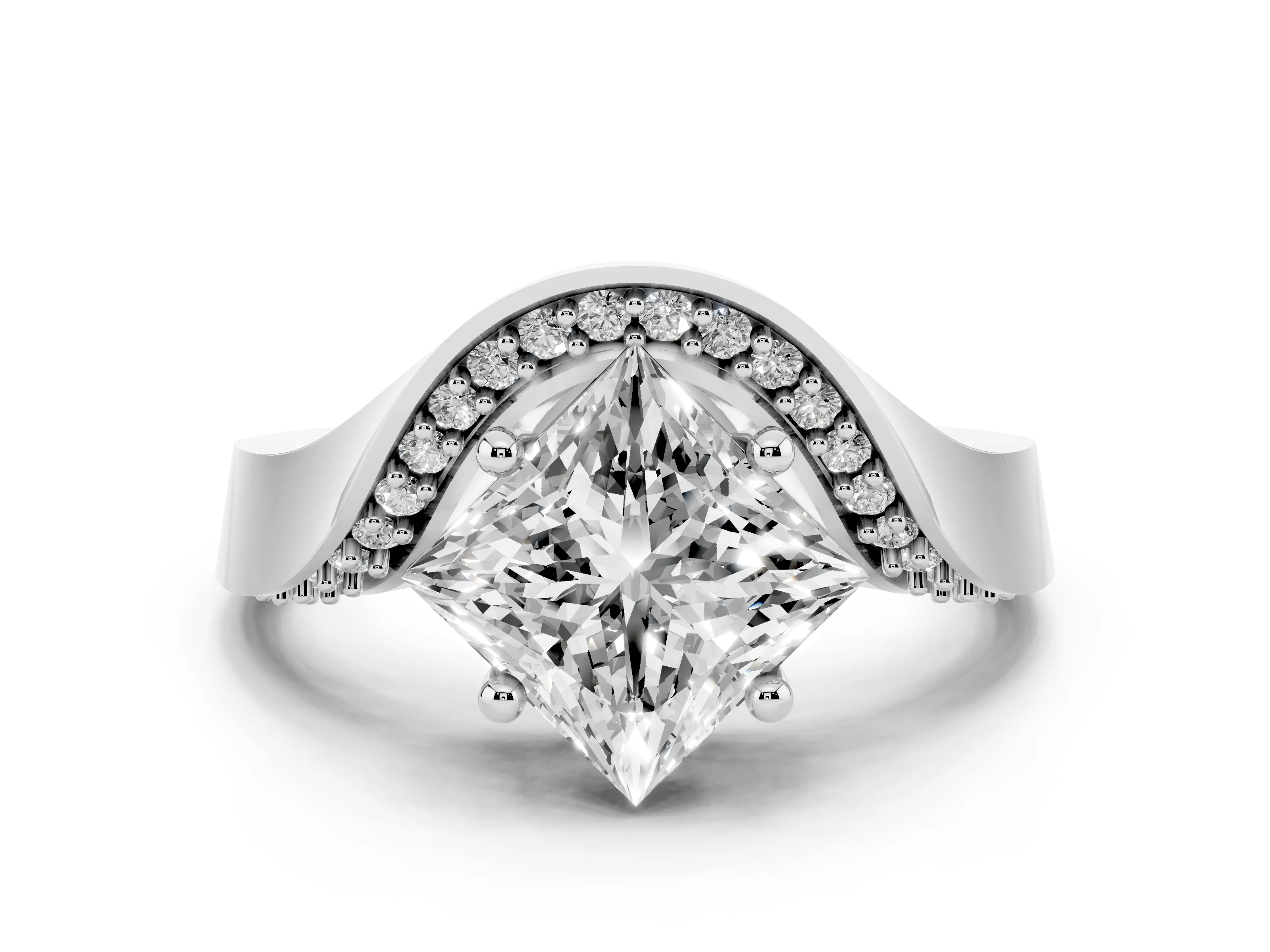 Princess Cut Diamond Solitaire Engagement Ring Set in Platinum with Pavé Shoulders