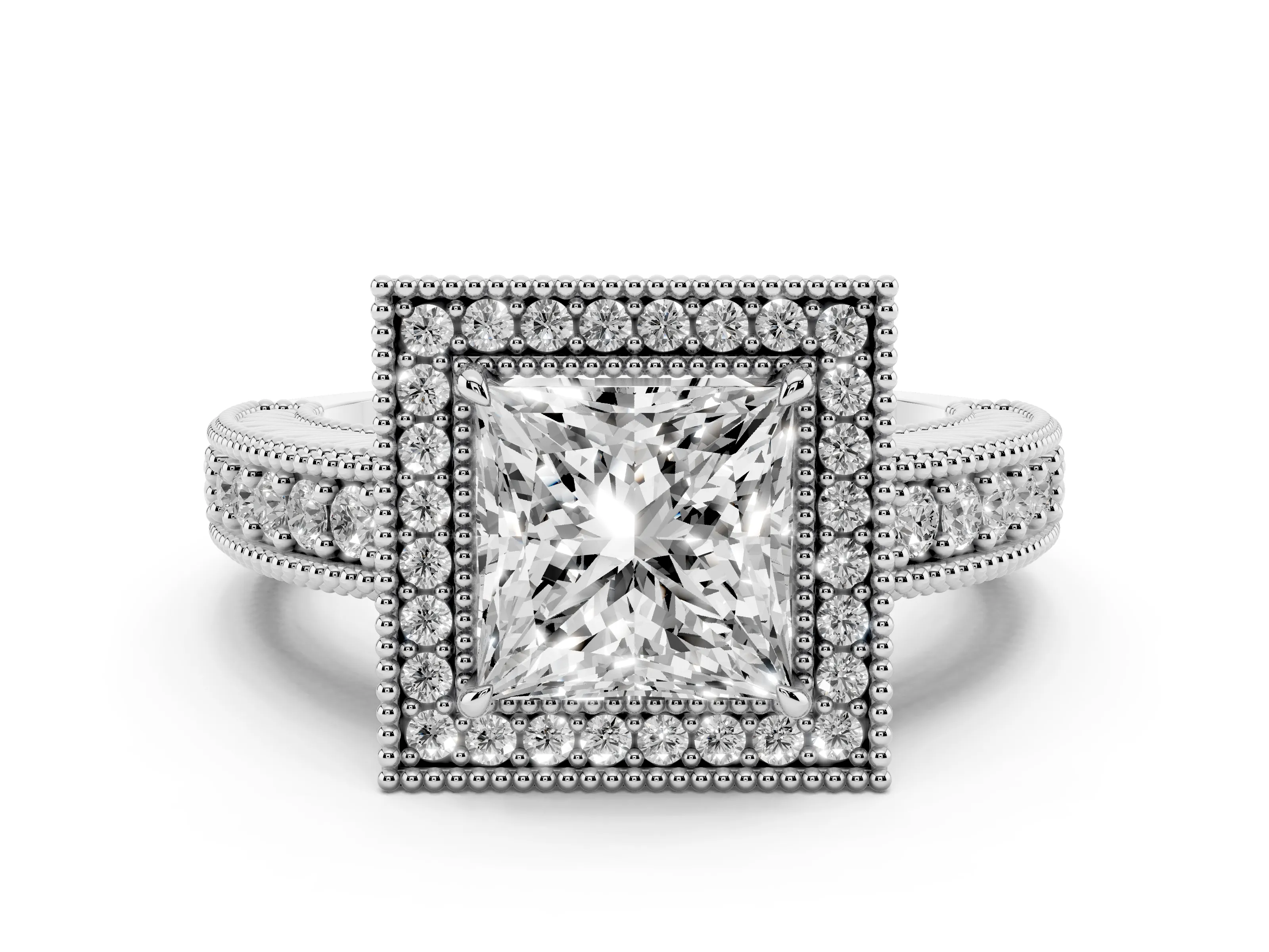 Princess Cut Diamond Halo Ring Set in White gold with Round Accent Halo, Pavé Band and Prong Setting