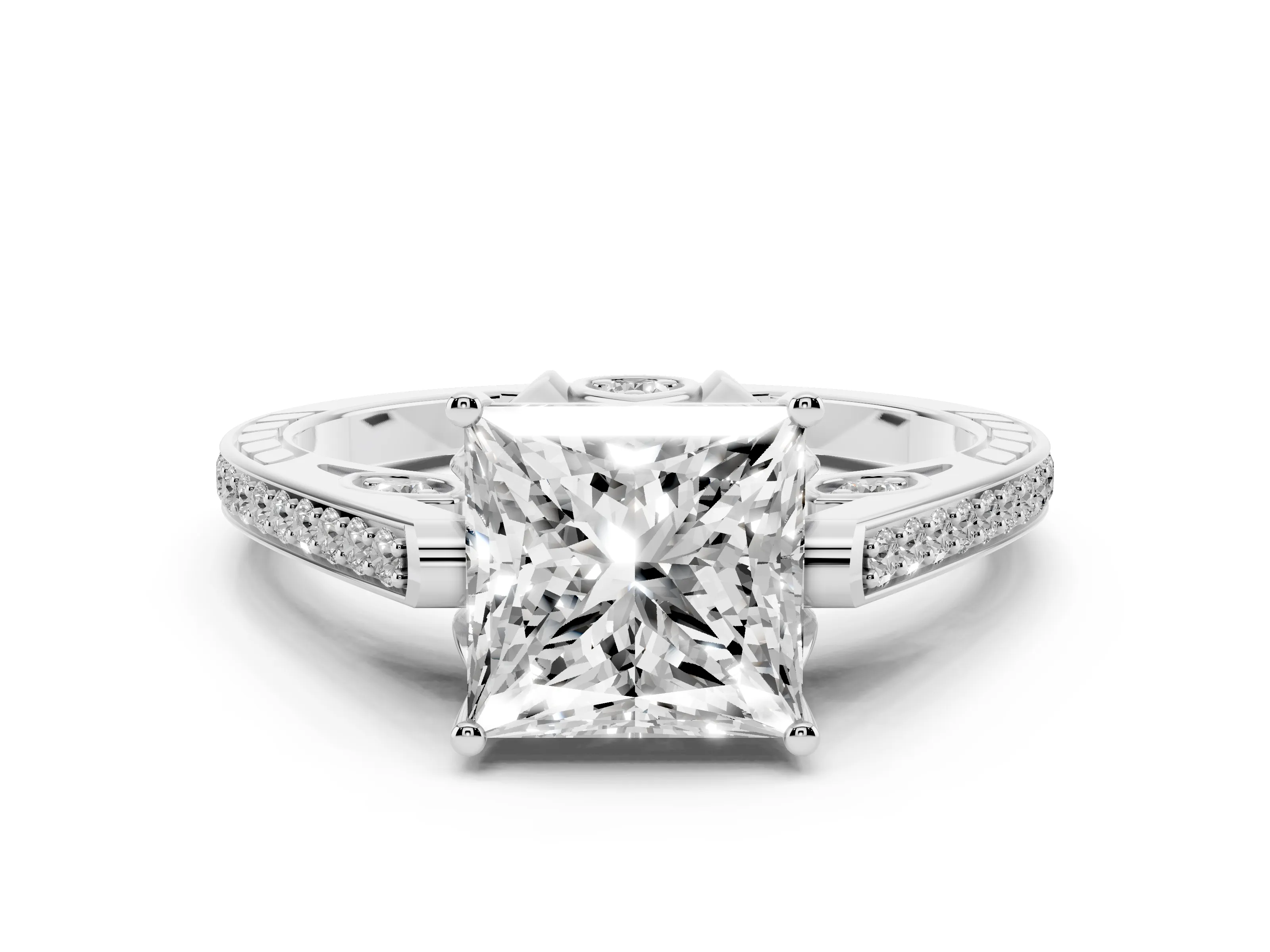 Princess Cut Diamond Cathedral Pavé Engagement Ring Set in Platinum with Prong Setting