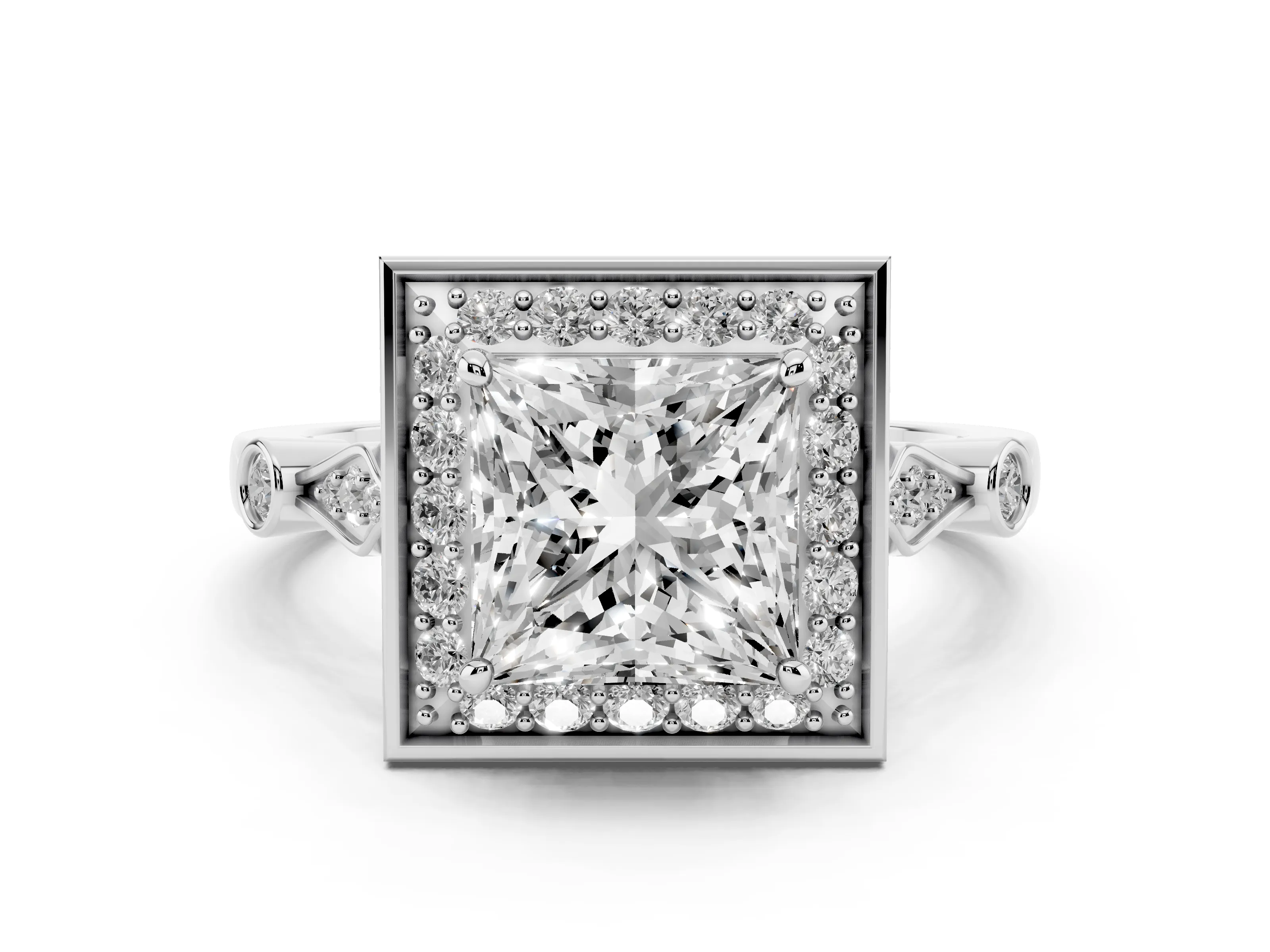 Princess Cut Diamond Halo Engagement Ring Set in Platinum with Twisted Band and Prong Setting