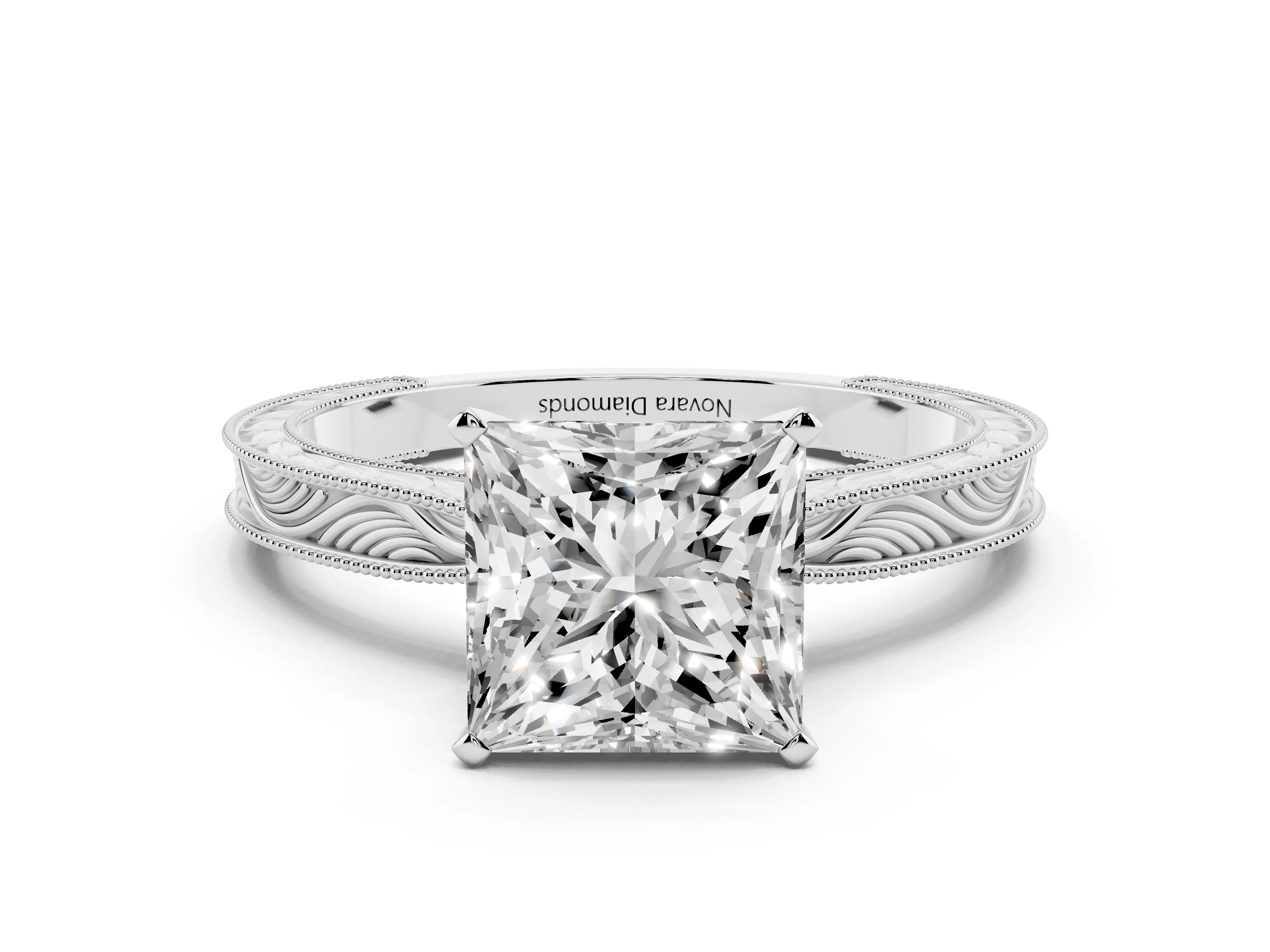 Princess Cut Diamond Solitaire Milgrain Engraved Band Set in Platinum with Prong Setting