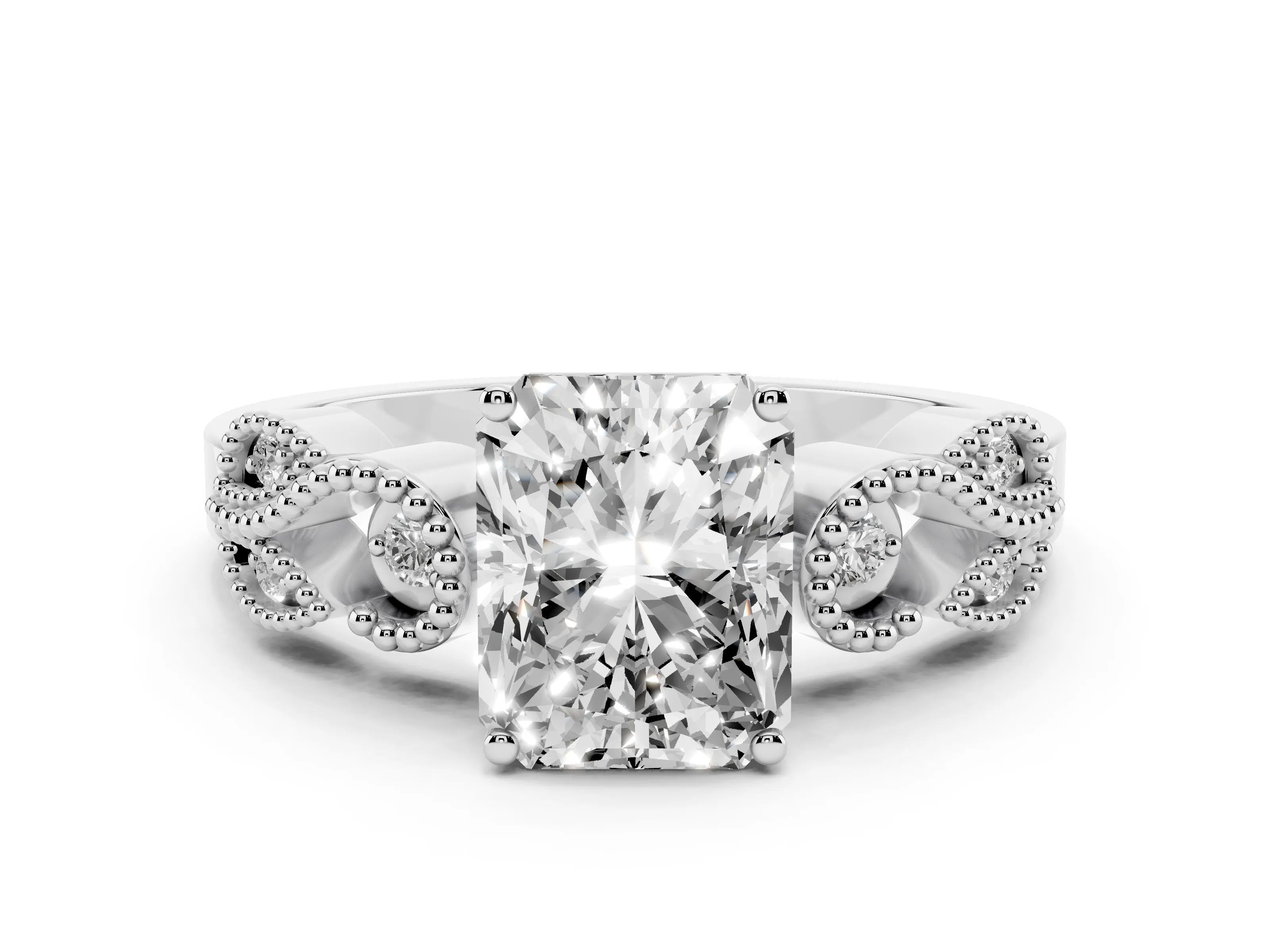 Princess Cut Diamond Milgrain Leaf Band Solitaire Ring Set in Platinum with Accent Stones and Prong Setting