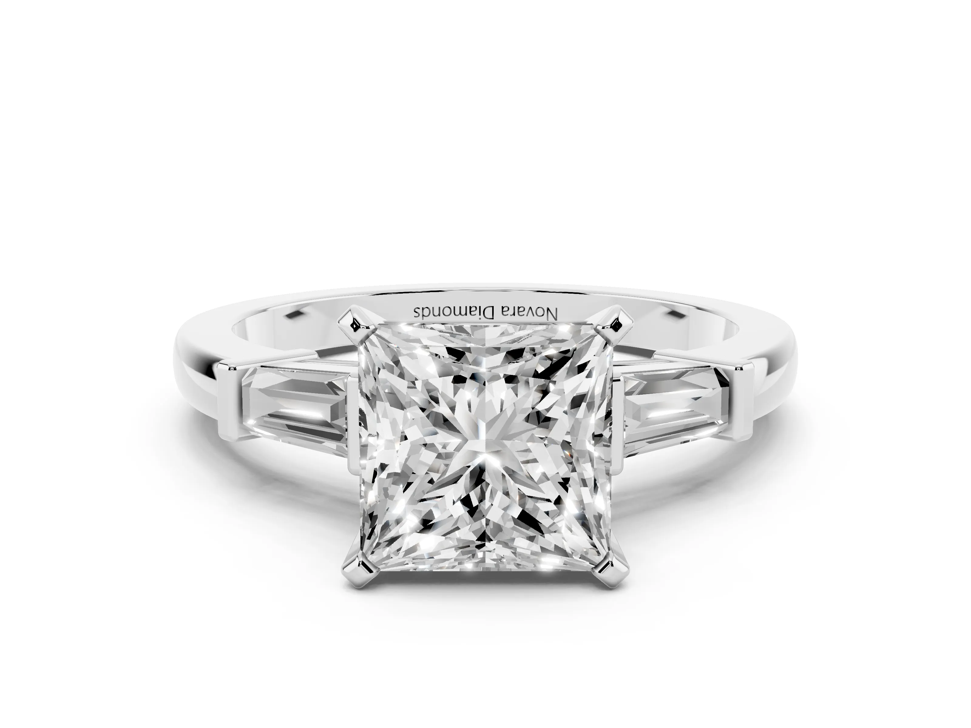 Princess Cut Diamond Solitaire Ring Set in Silver with Tapered Baguette Accents and Prong Setting