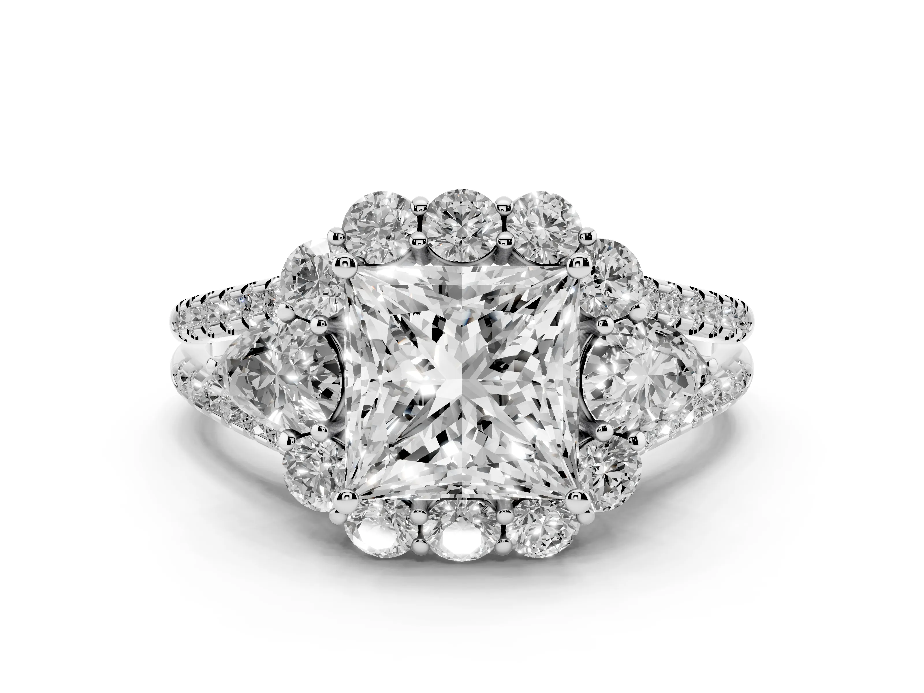 Princess Cut Diamond Halo Split Shank Engagement Ring Set in Platinum with Prong-Held Center Stone