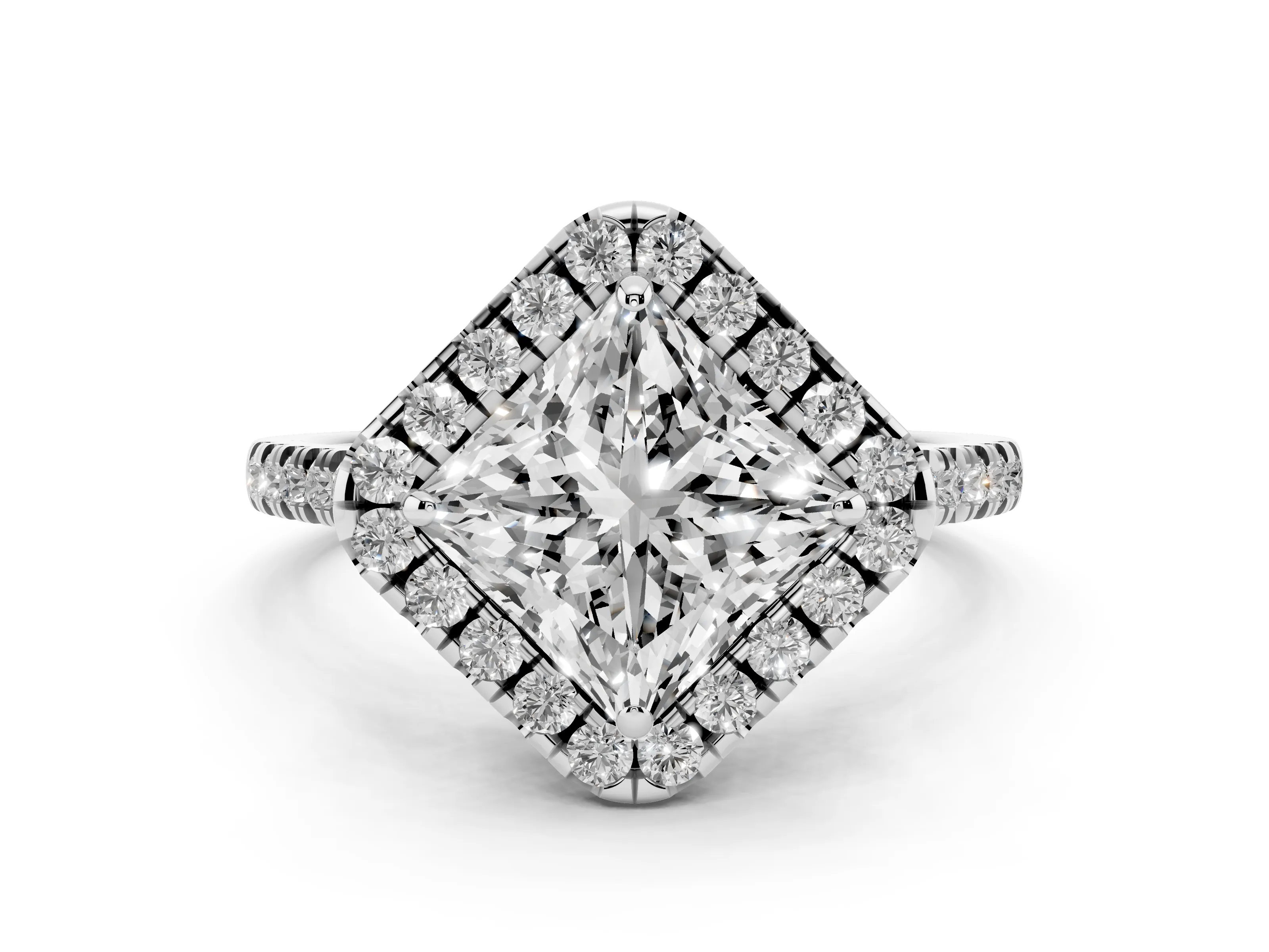 Princess Cut Diamond Cushion Halo Ring Set in Platinum with Pavé Band