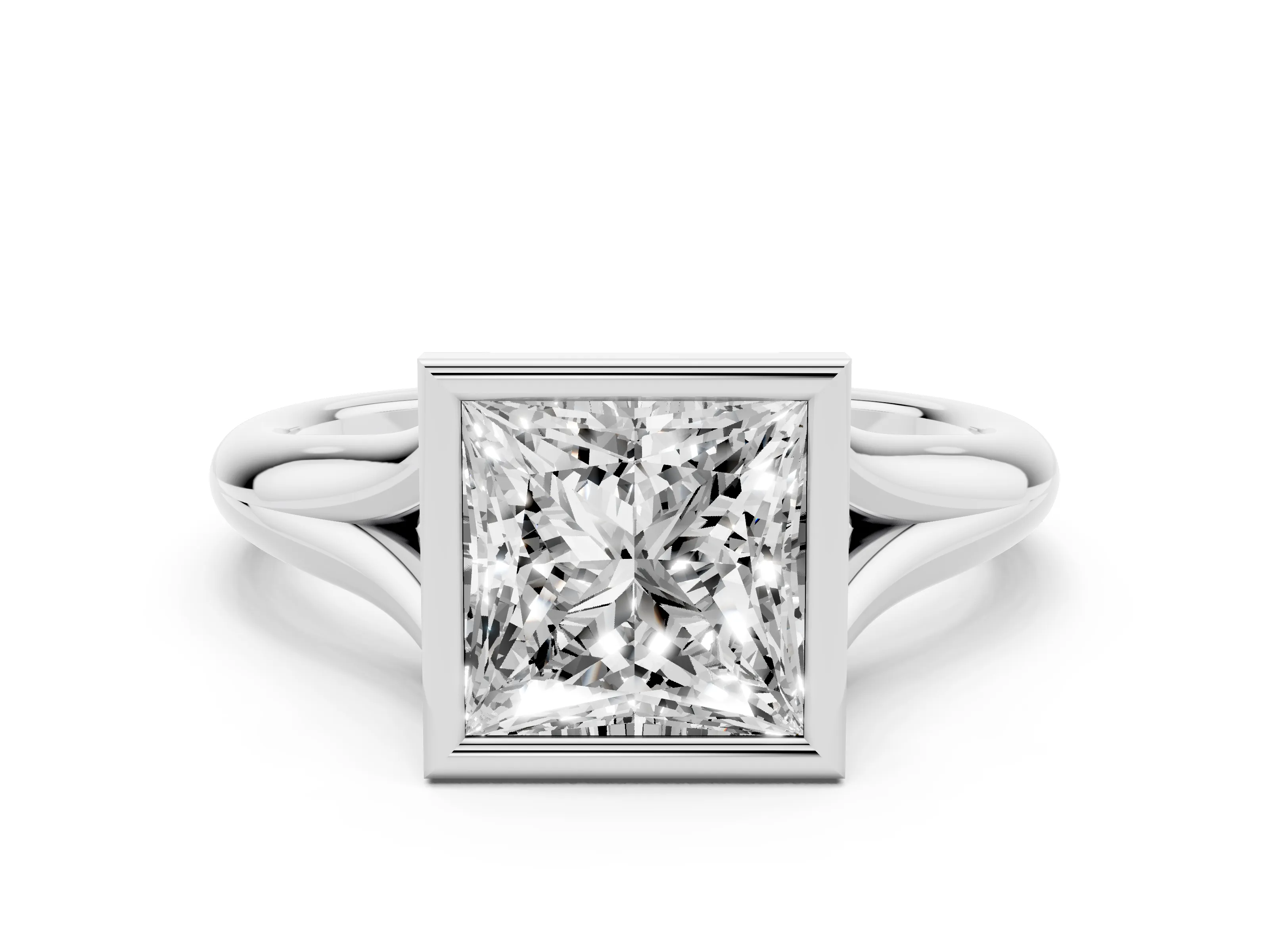 Bezel Set Princess Cut Diamond Solitaire Ring Set in White gold with Smooth Band