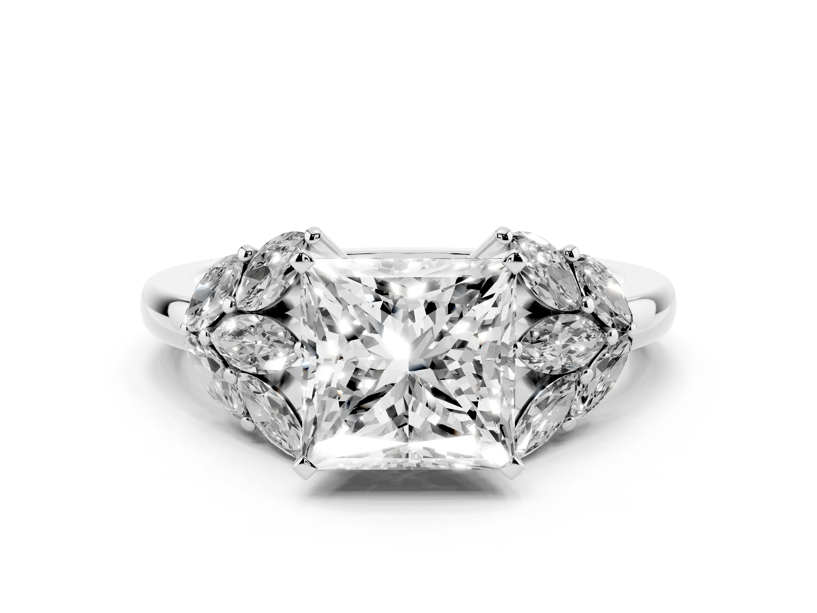 Princess Cut Diamond Cluster Leaf Design Ring Set in Platinum with Prong Setting