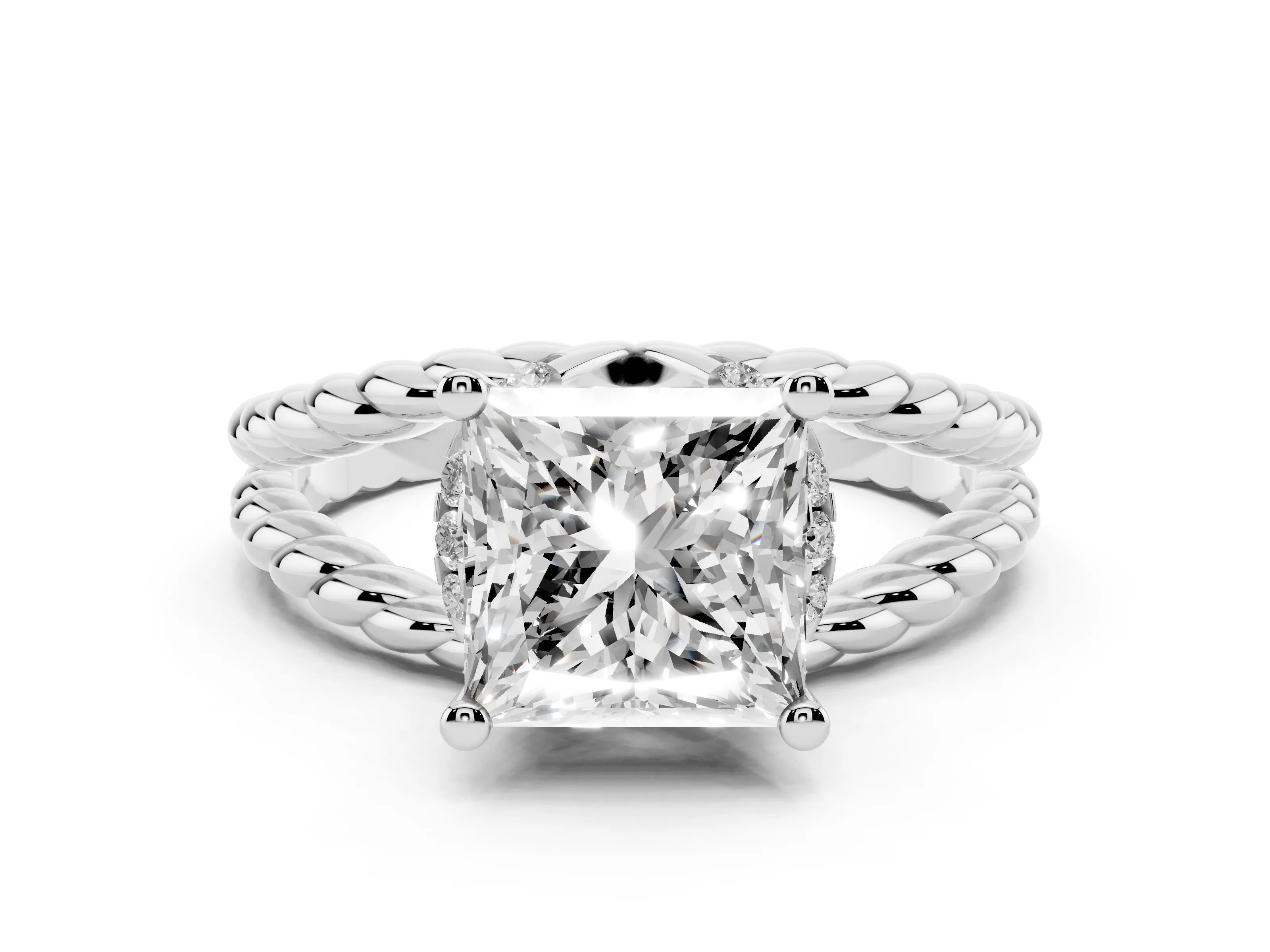 Princess Cut Diamond Halo Ring Set in White gold with Twisted Band and Prong Setting